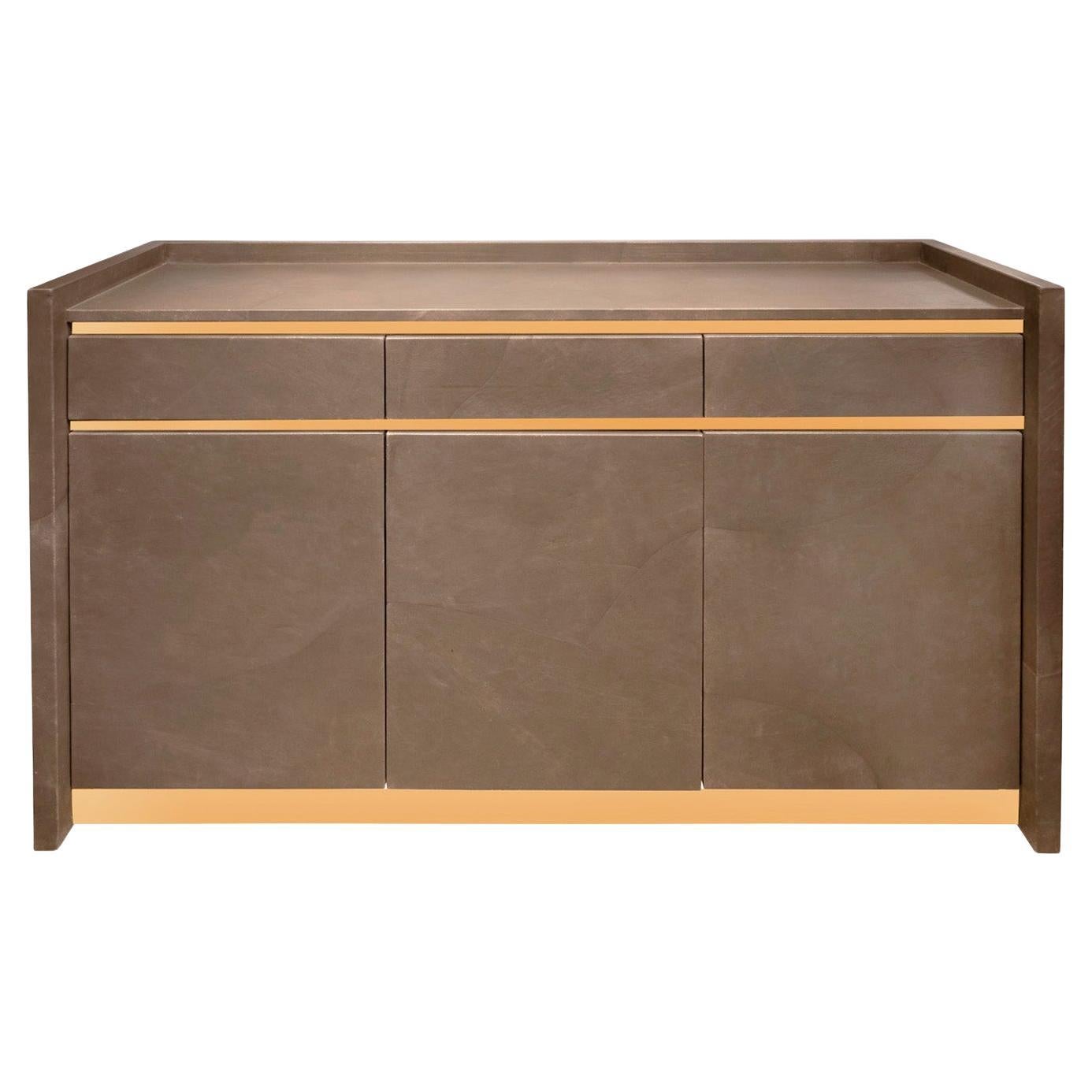 Karl Springer Rare Credenza in Taupe Leather and Brass 1985 'Signed and Dated' For Sale