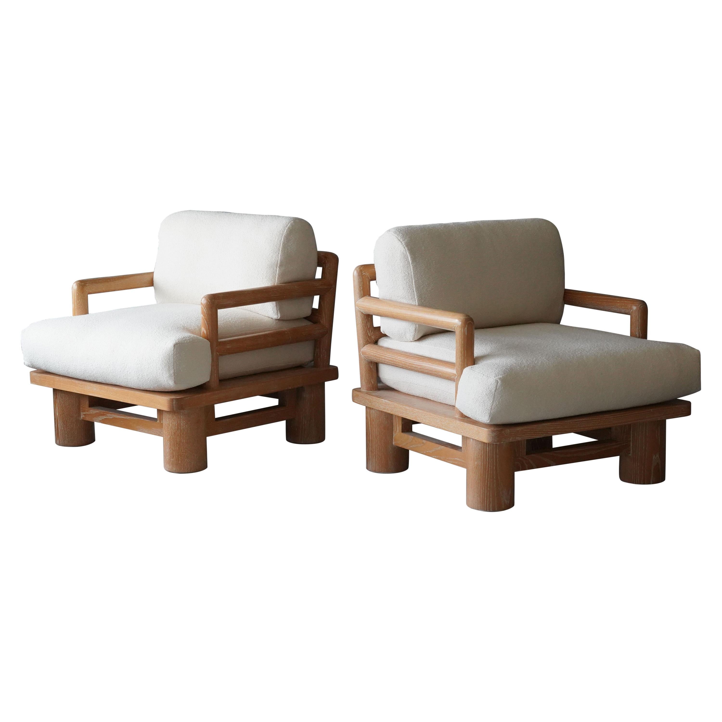 Karl Springer, Rare "Dowelwood" Lounge Chairs, Oak, Fabric, circa 1975, America