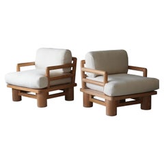 Karl Springer:: Rare "Dowelwood" Lounge Chairs:: Oak:: Fabric:: circa 1975:: America