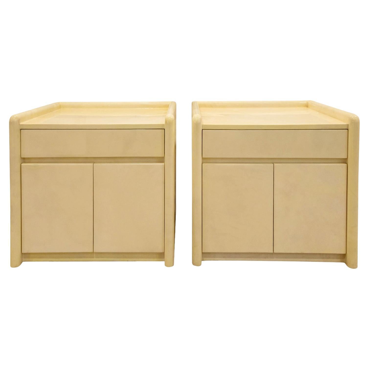 Karl Springer Rare & Exceptional Pair of Lacquered Goatskin Bedside Tables 1985