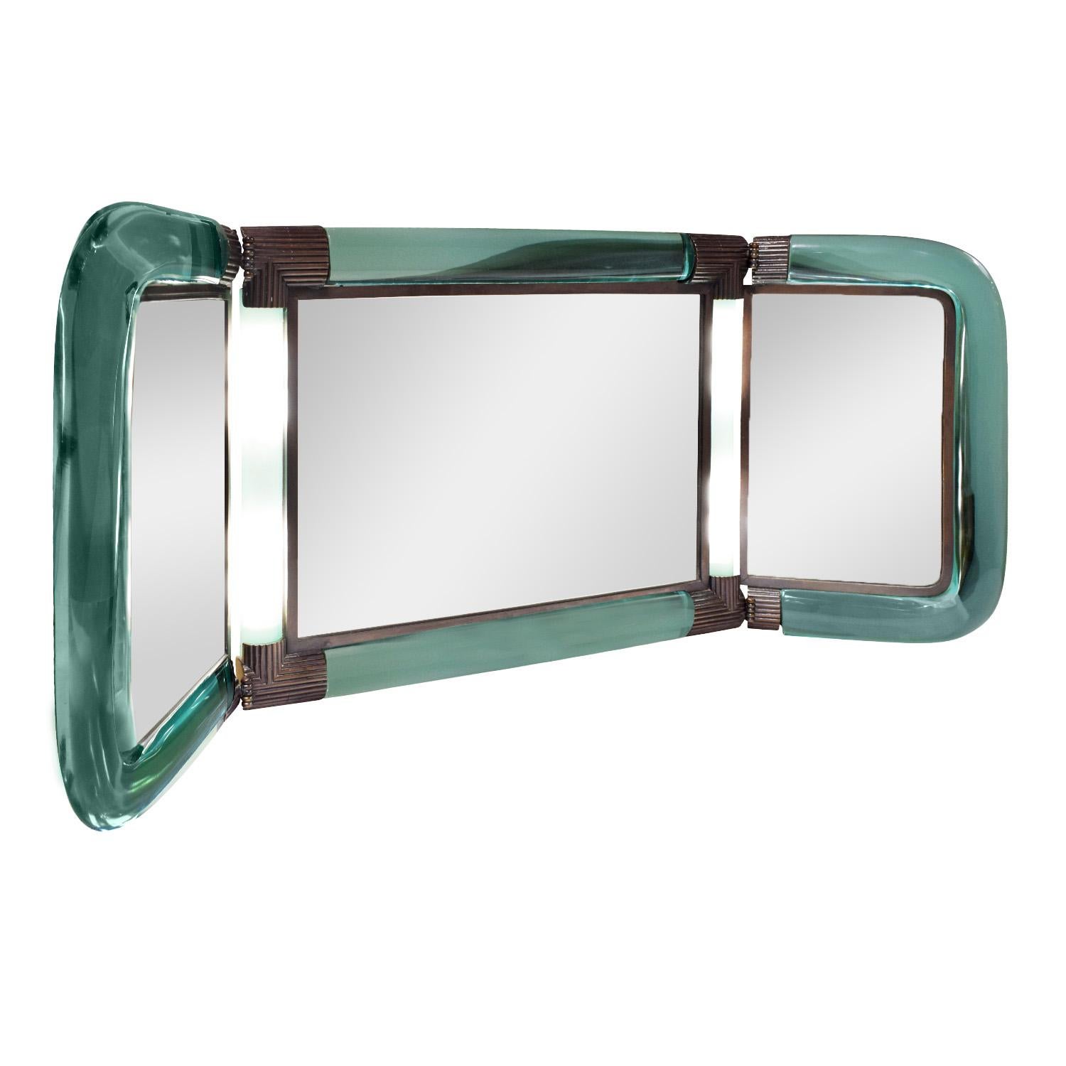 Moderne Rare miroir de coiffeuse lumineux Karl Springer en verre et bronze, signé, années 1980 en vente