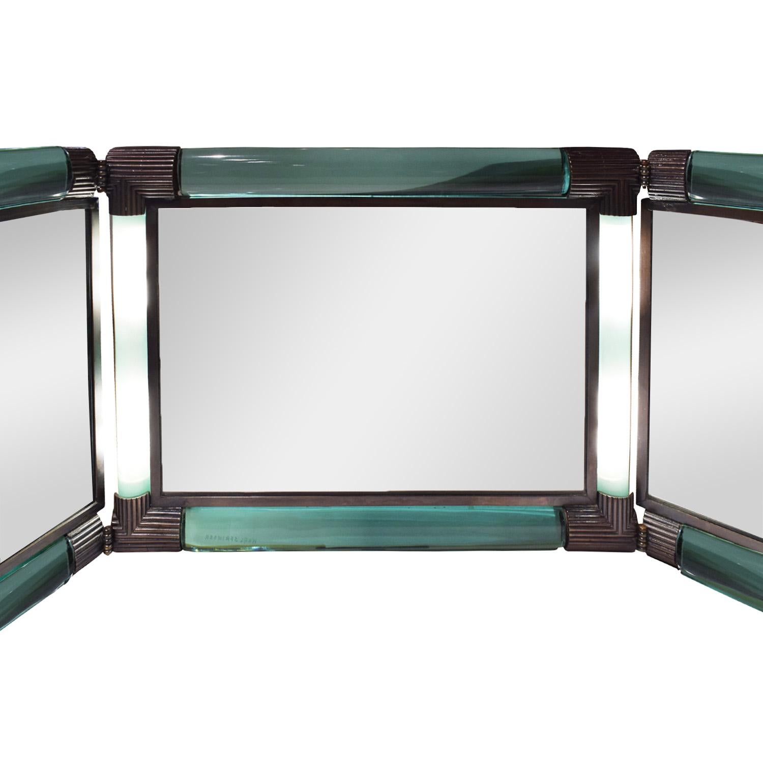Américain Rare miroir de coiffeuse lumineux Karl Springer en verre et bronze, signé, années 1980 en vente