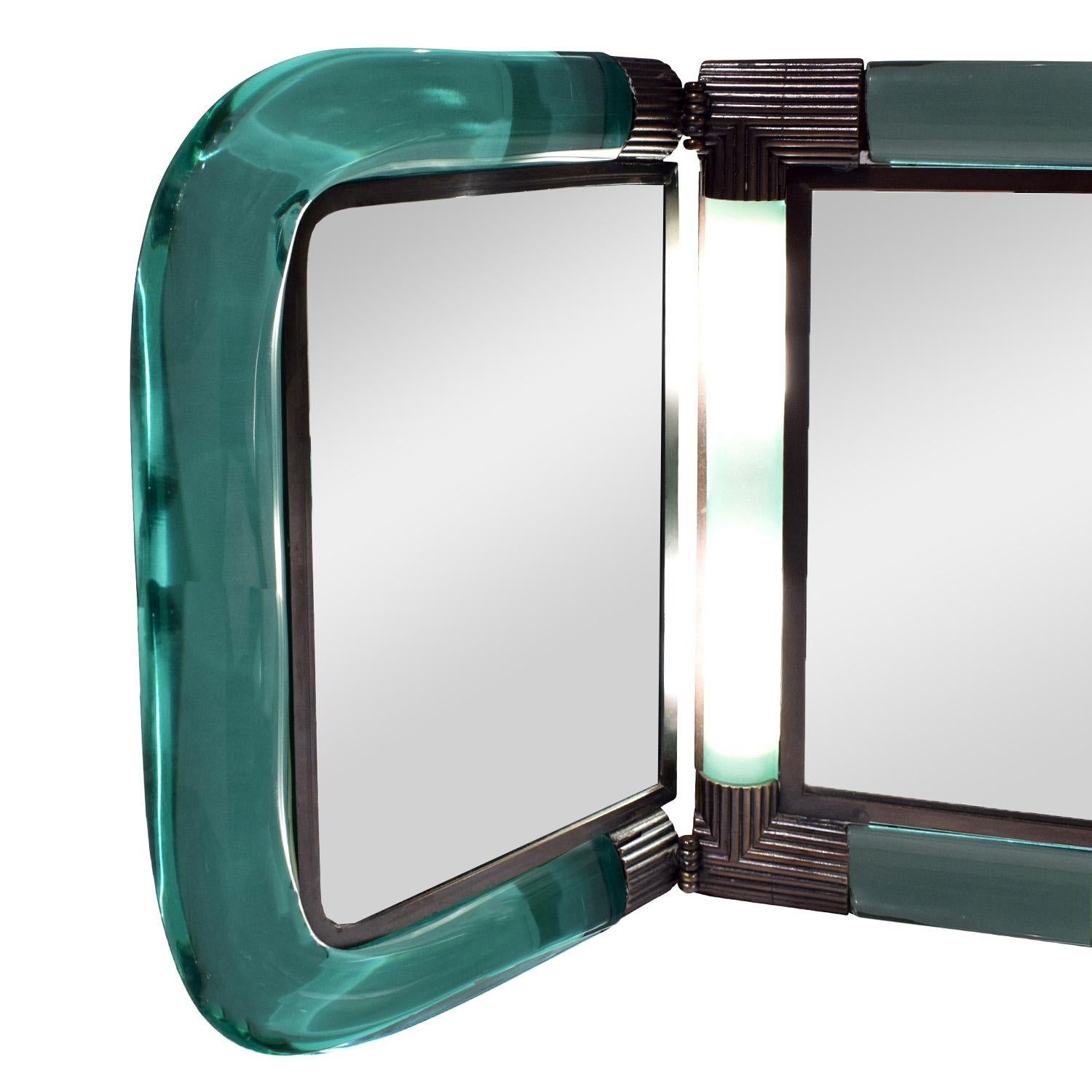 American Karl Springer Rare Illuminating Glass and Bronze Vanity Mirror, 1980s 'Signed' For Sale