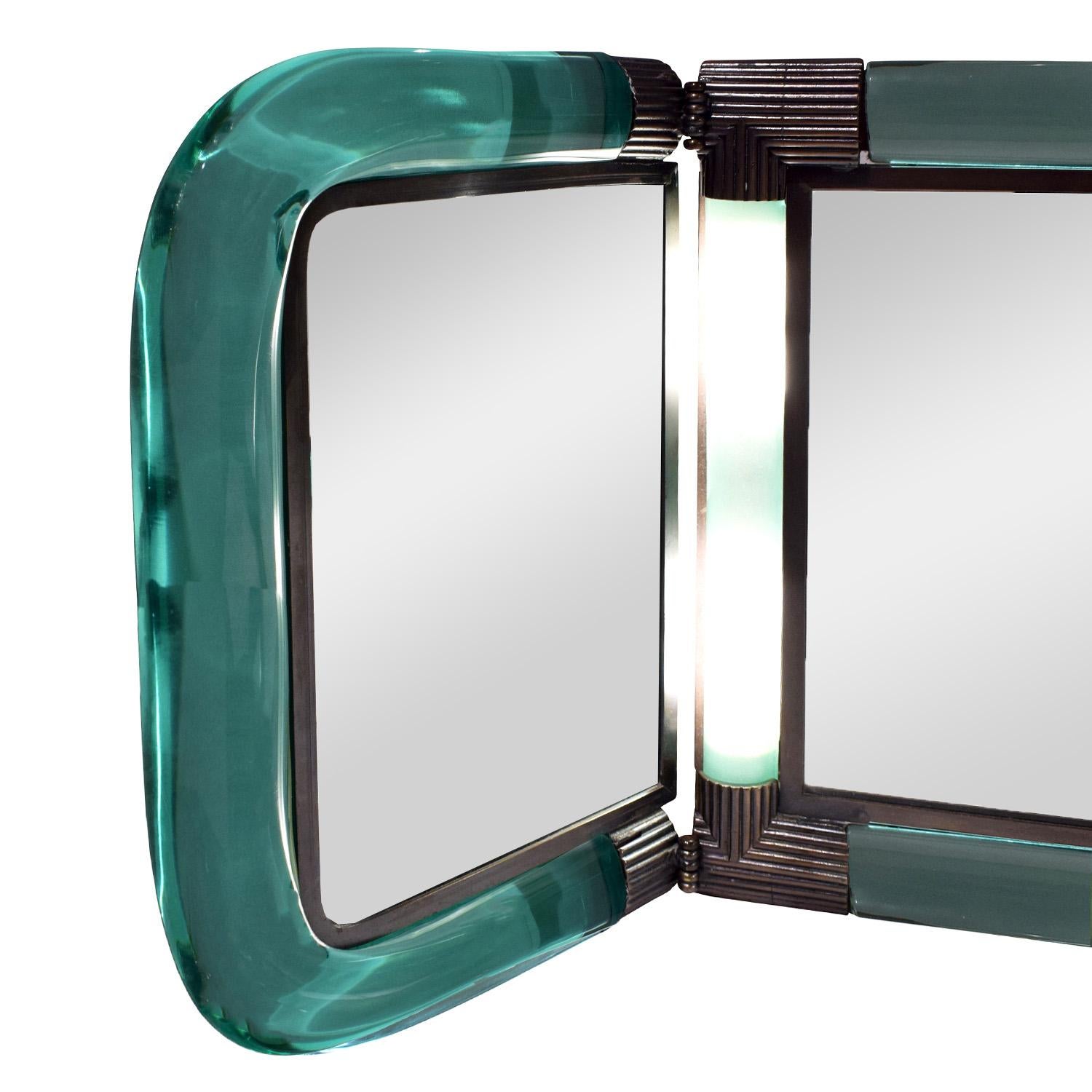 Fait main Rare miroir de coiffeuse lumineux Karl Springer en verre et bronze, signé, années 1980 en vente