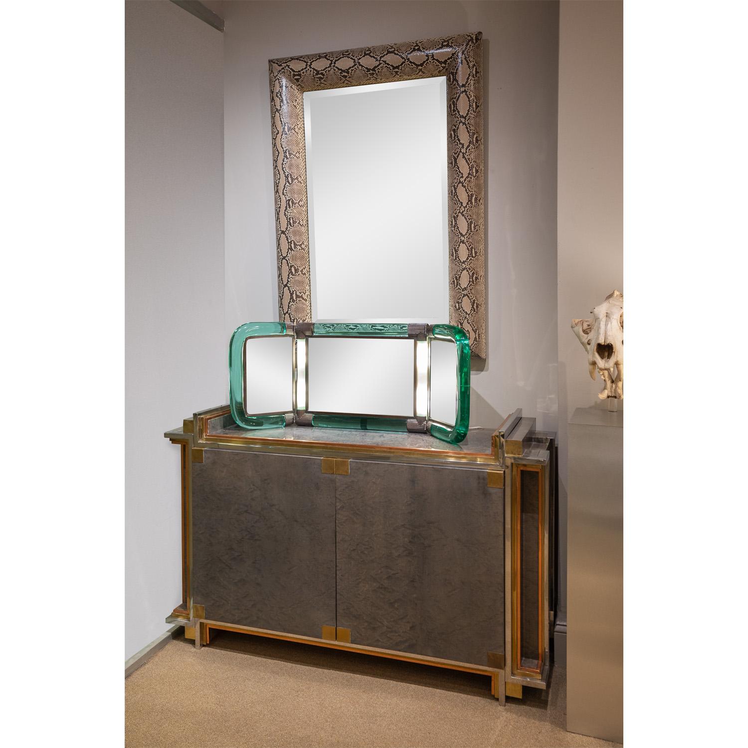 Rare miroir de coiffeuse lumineux Karl Springer en verre et bronze, signé, années 1980 en vente 1