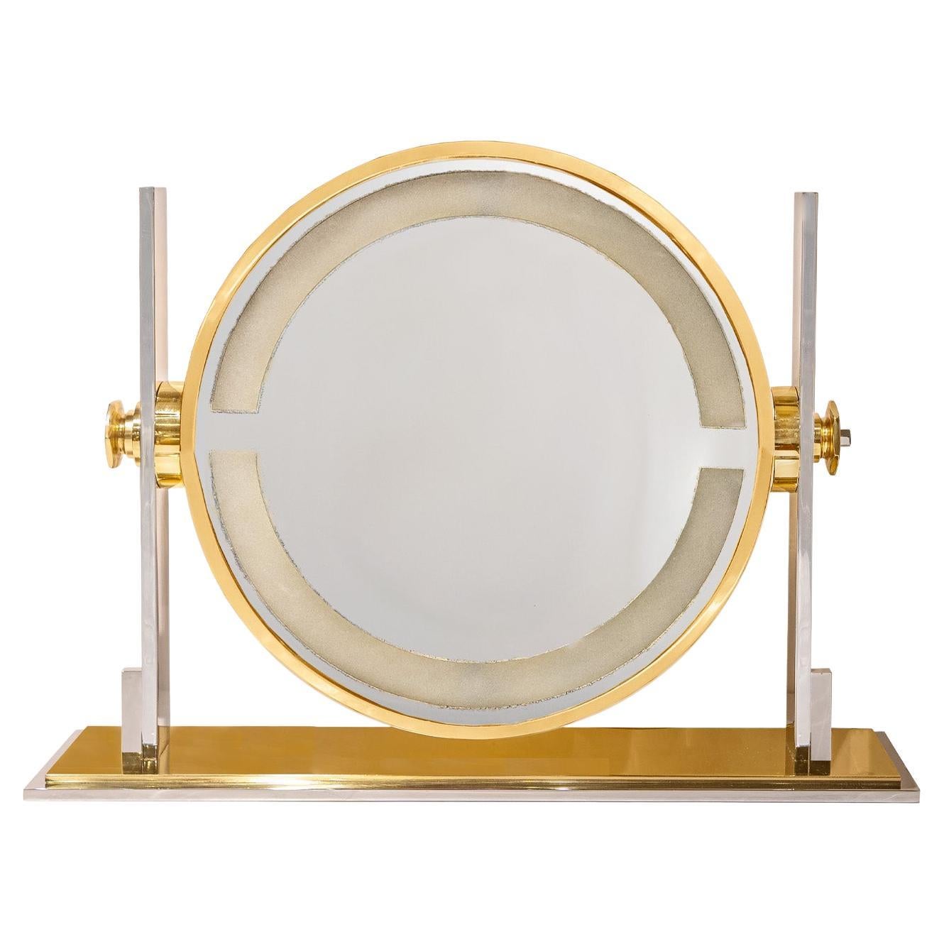 Grand miroir de coiffeuse grossissant rare Karl Springer des années 1980