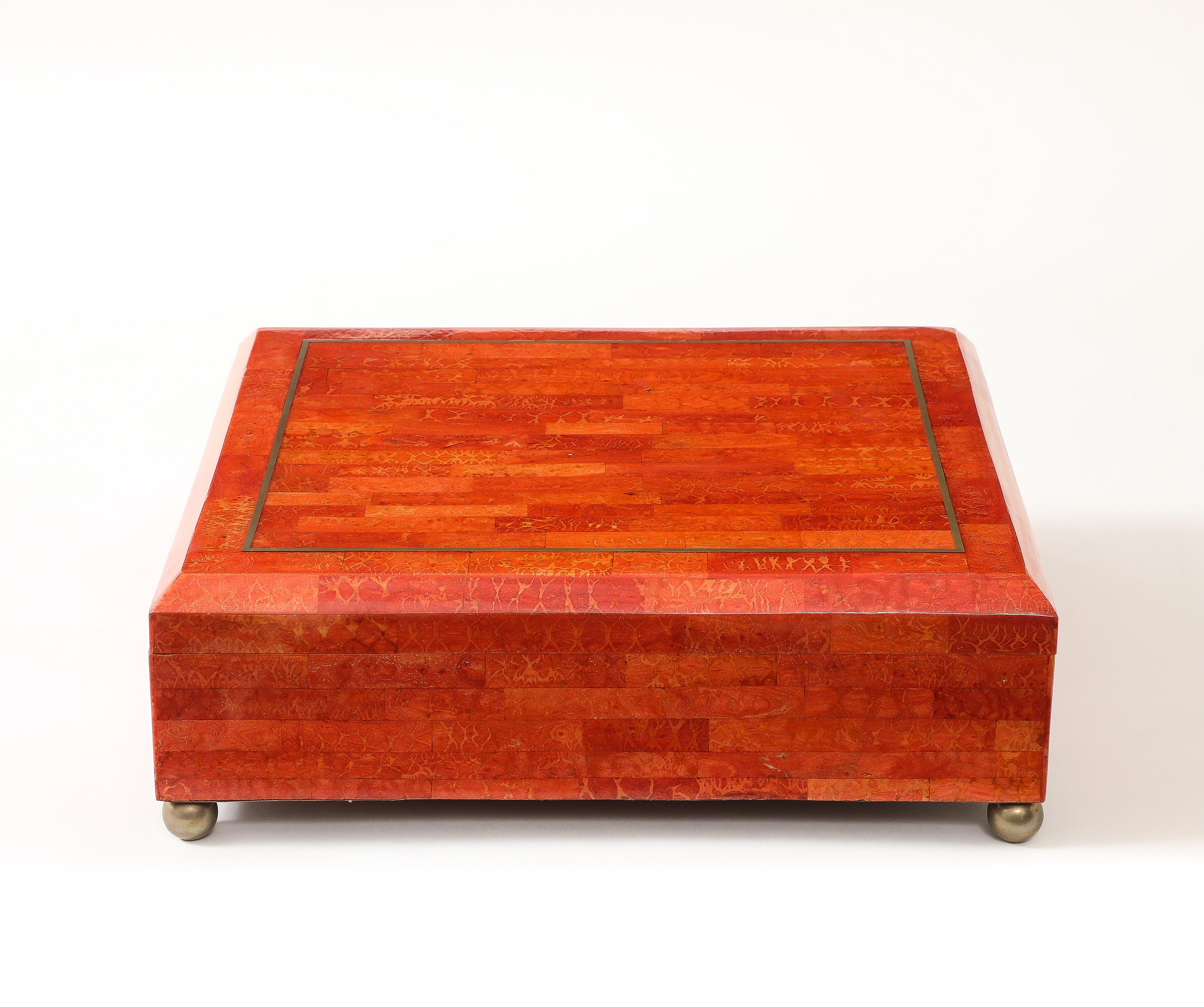 Karl Springer rare and exquisite large lacquered painted goatskin jewelry box, divided into compartments inside, and completely lined inside and on the bottom with brown felt ending in brass ball feet.  This immaculately hand-crafted box is large in