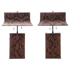 Karl Springer Rare "Pagoda Table Lamps" in Aubergine Python 1980s (Signed)