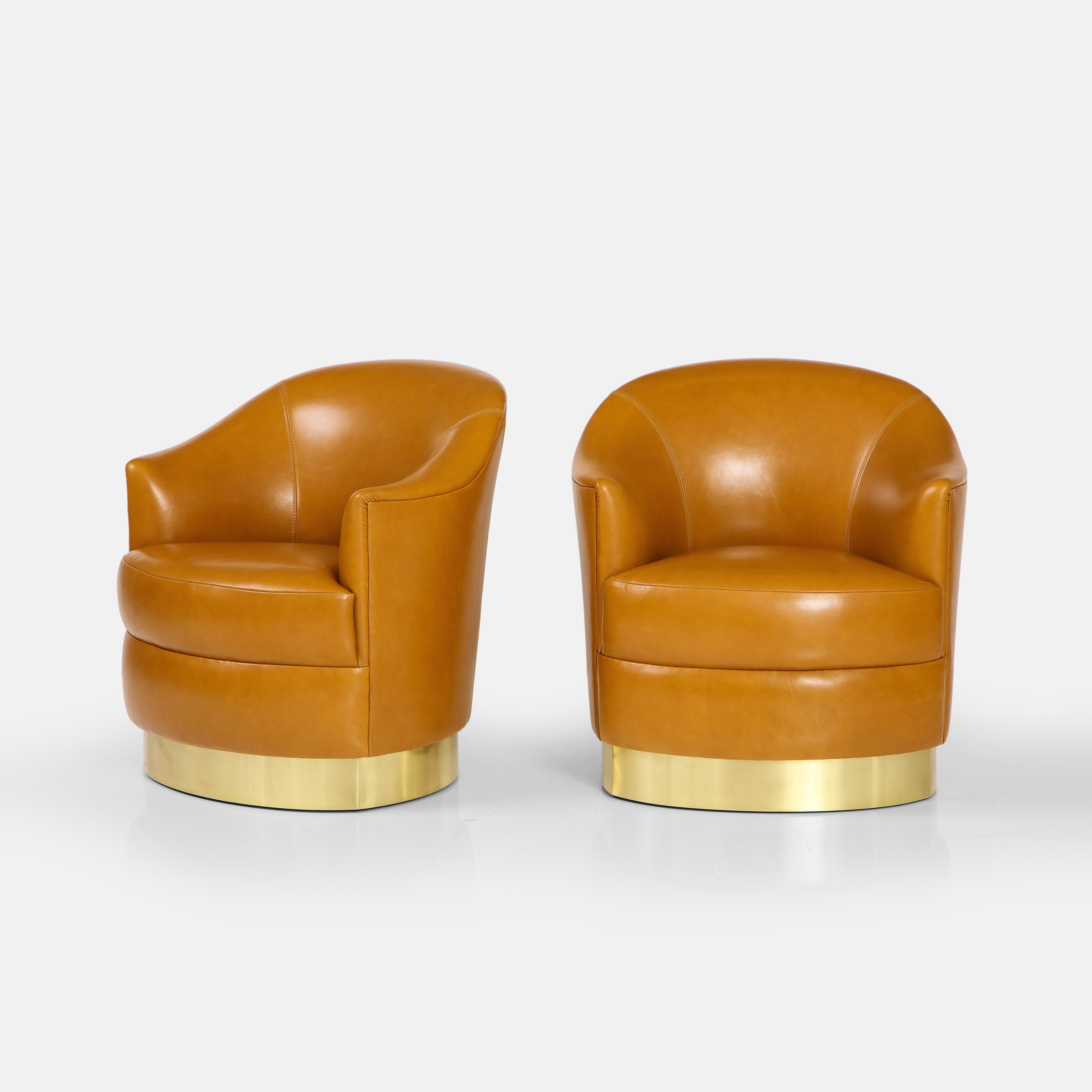 Mid-Century Modern Karl Springer Rare Pair of Cognac Leather and Brass Club Chairs, 1980s For Sale