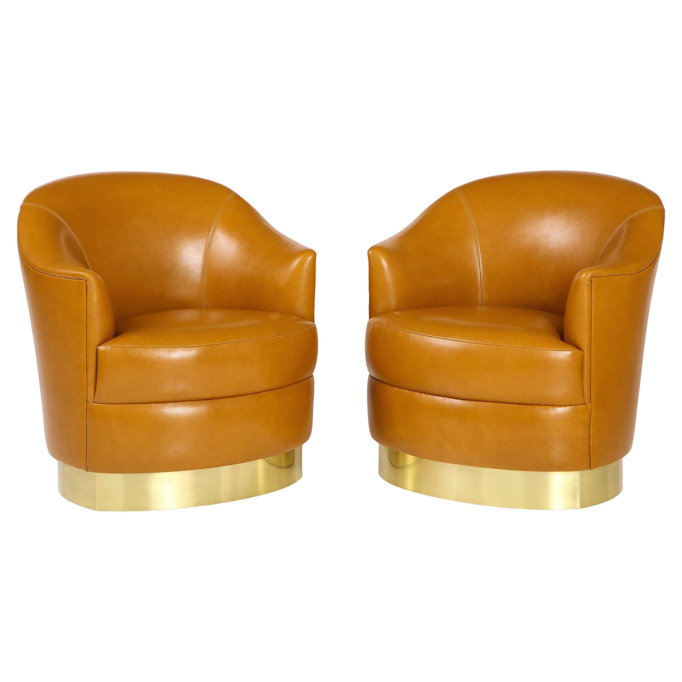 Karl Springer Rare Pair of Saddle Leather Club Chairs, USA, 1980s