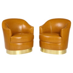 Vintage Karl Springer Rare Pair of Cognac Leather and Brass Club Chairs, 1980s
