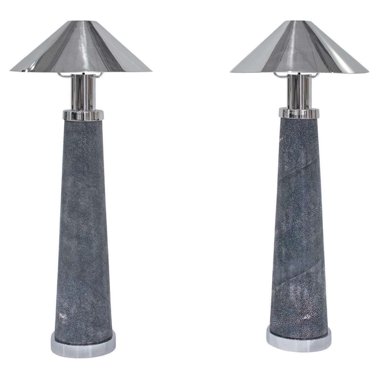 Karl Springer Rare Pair of "Lighthouse Lamps" in Blue Shagreen and Nickel 1980s For Sale