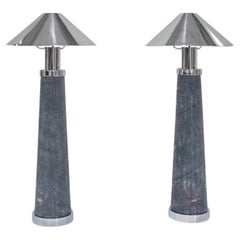 Retro Karl Springer Rare Pair of "Lighthouse Lamps" in Blue Shagreen and Nickel 1980s