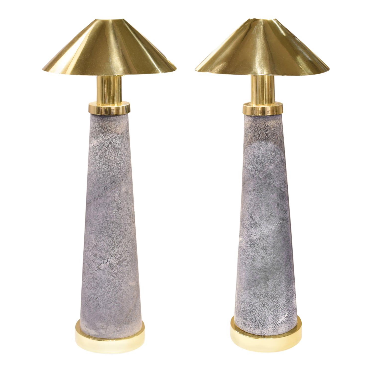 Karl Springer Rare Pair of "Lighthouse Lamps" in Shagreen and Brass, 1980s