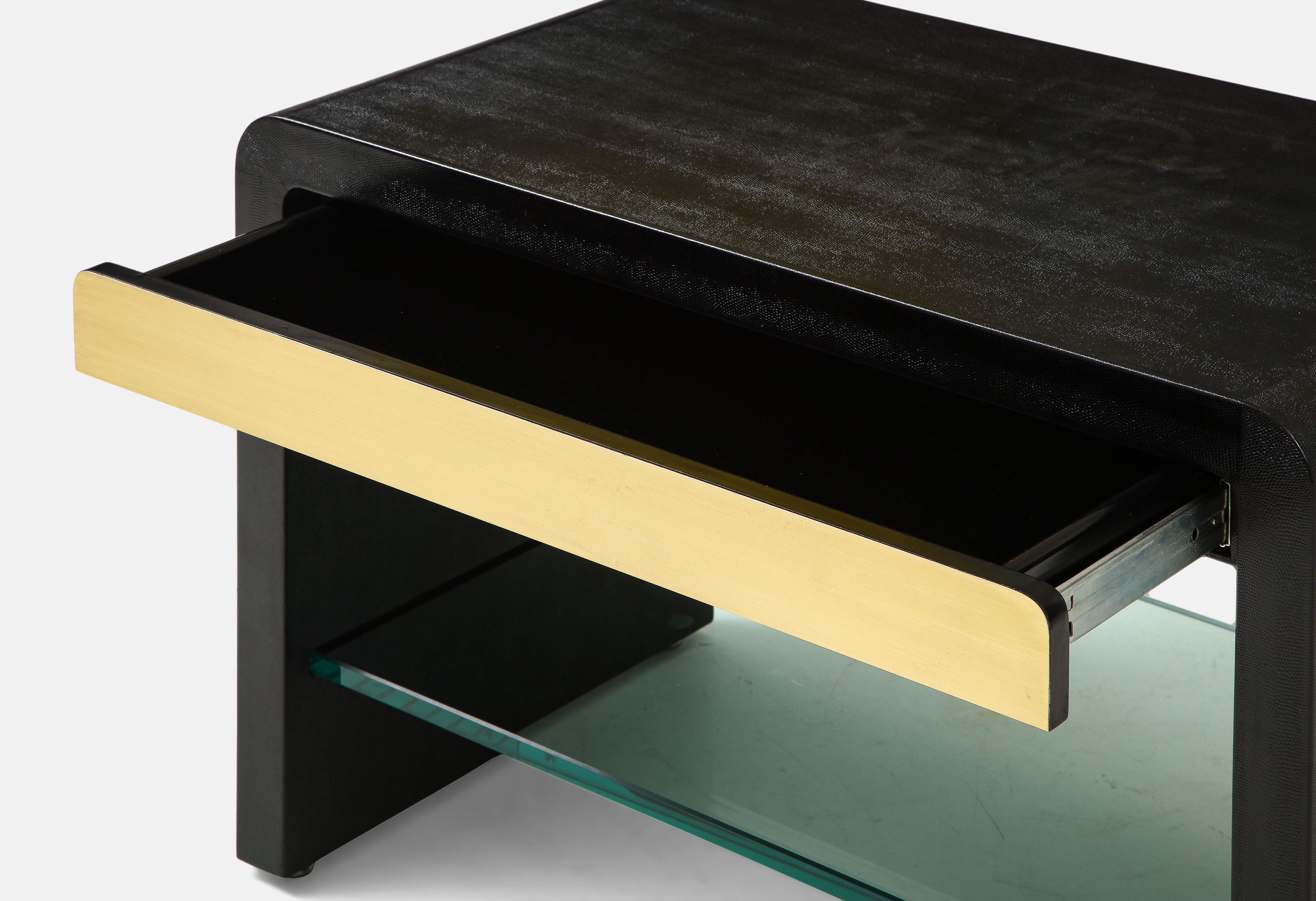 American Karl Springer Rare Pair of Large Waterfall Side Tables in Black Lizard Leather For Sale