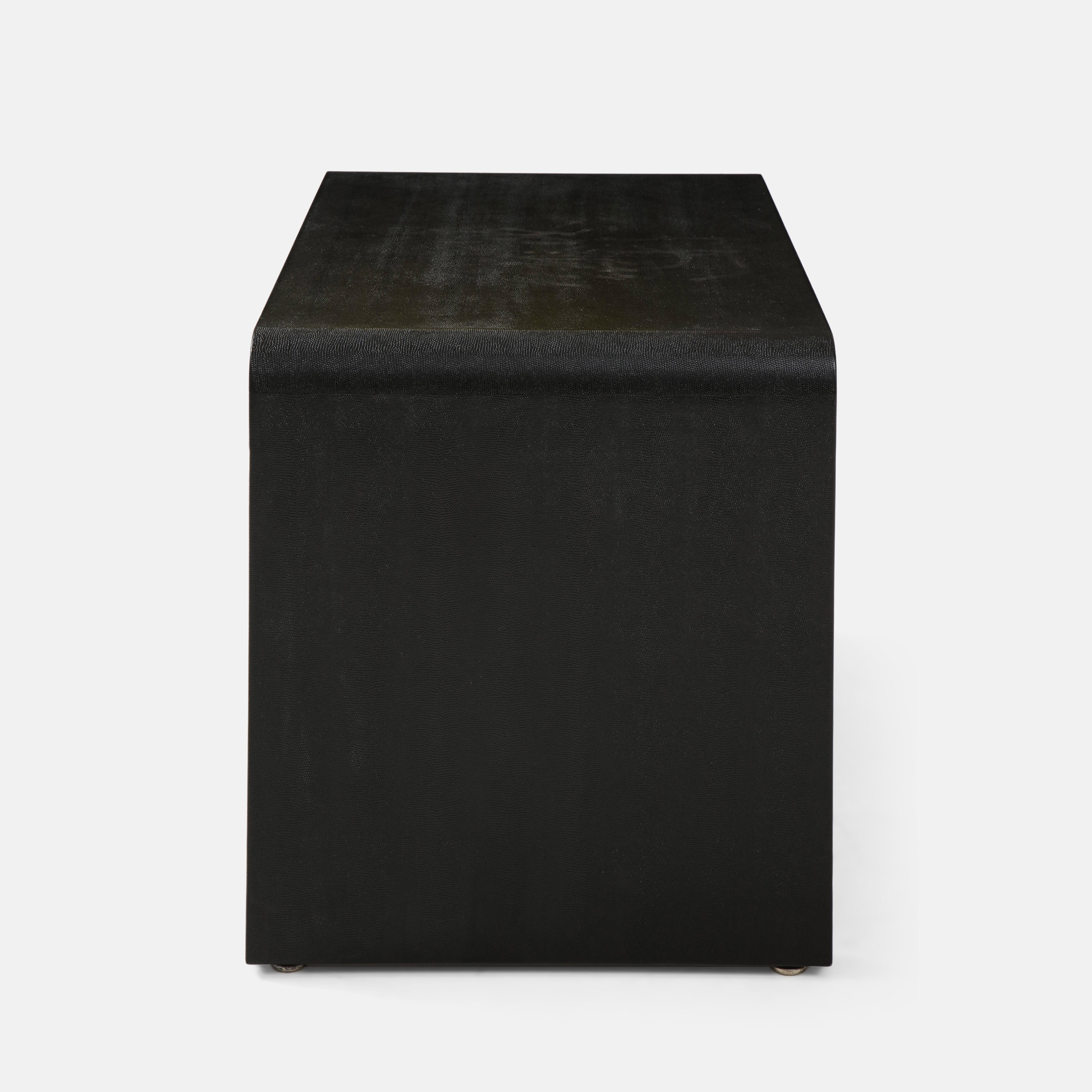 Karl Springer Rare Pair of Large Waterfall Side Tables in Black Lizard Leather In Good Condition For Sale In New York, NY