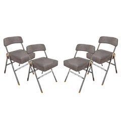 Karl Springer Rare Set of 4 Folding Chairs with Polished Chrome and Brass 1980s