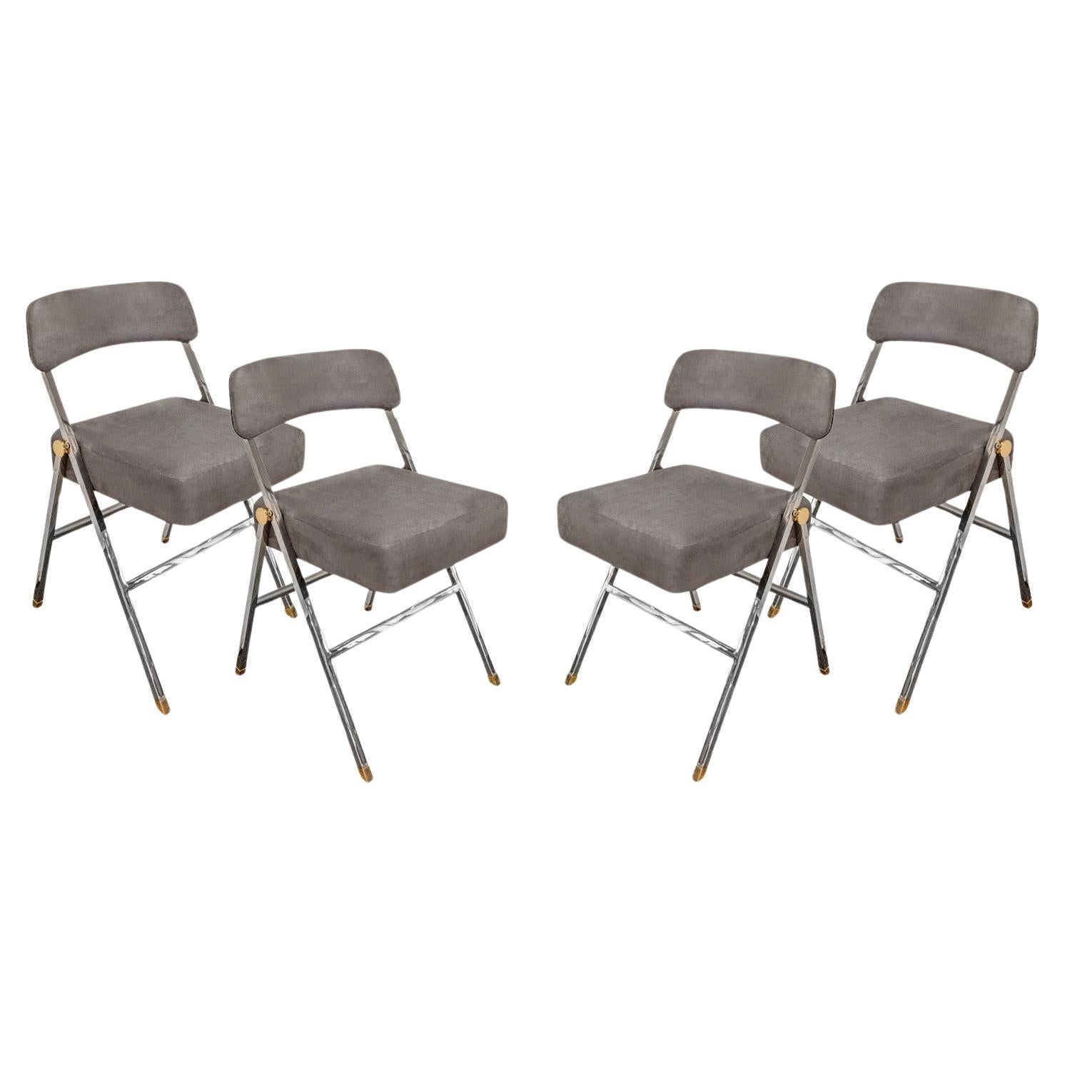 Karl Springer Rare Set of 4 Folding Chairs with Polished Chrome and Brass 1980s