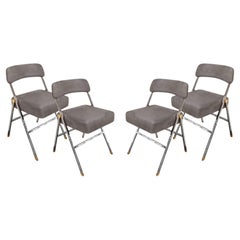 Karl Springer Rare Set of 4 Folding Chairs with Polished Chrome and Brass 1980s