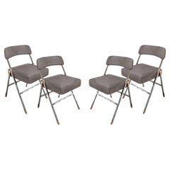Karl Springer Rare Set of 4 Folding Chairs with Polished Chrome and Brass, 1980s