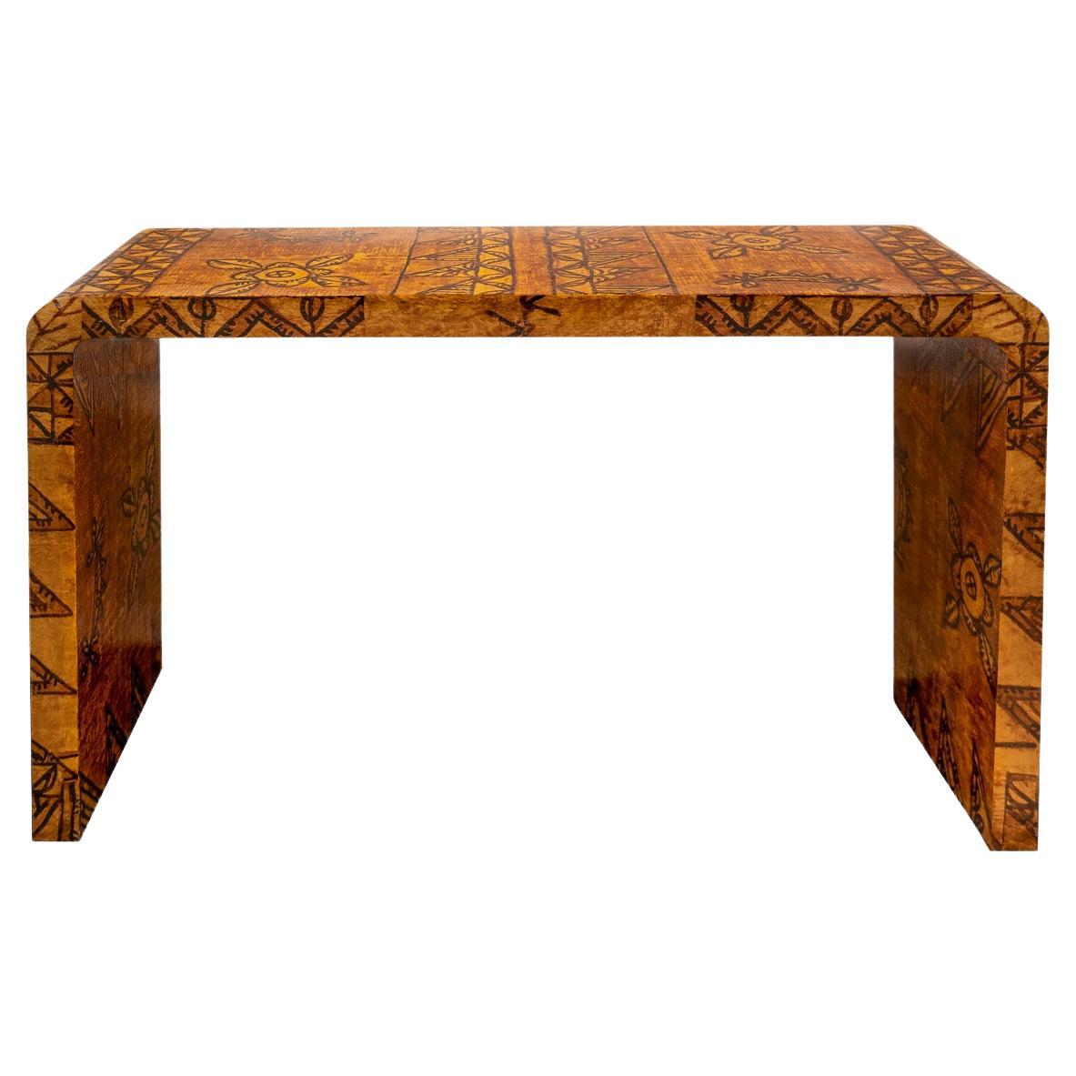 Karl Springer Rare Waterfall Console Table in Lacquered African Batik 1970s