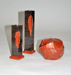 Scatola e portacandele di Karl Springer in diaspro rosso e occhio di tigre del 1980