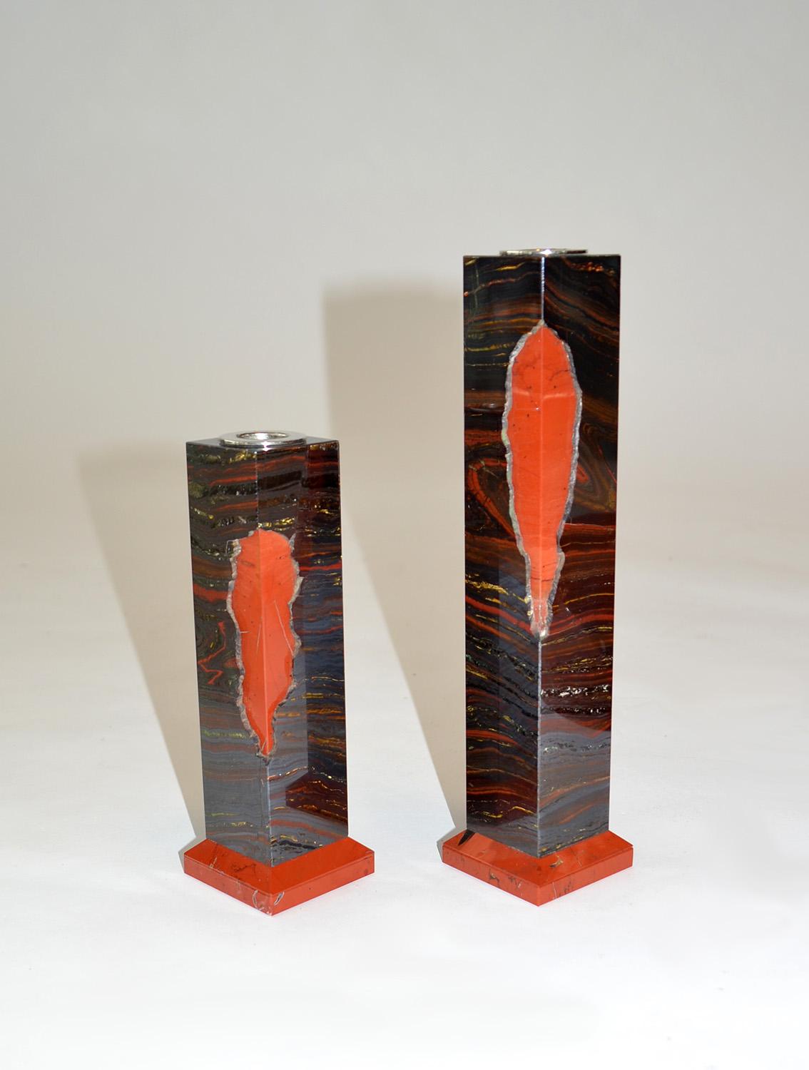 Modern Karl Springer Red Jasper and Tiger Eye Box and Candle Holders 1980's