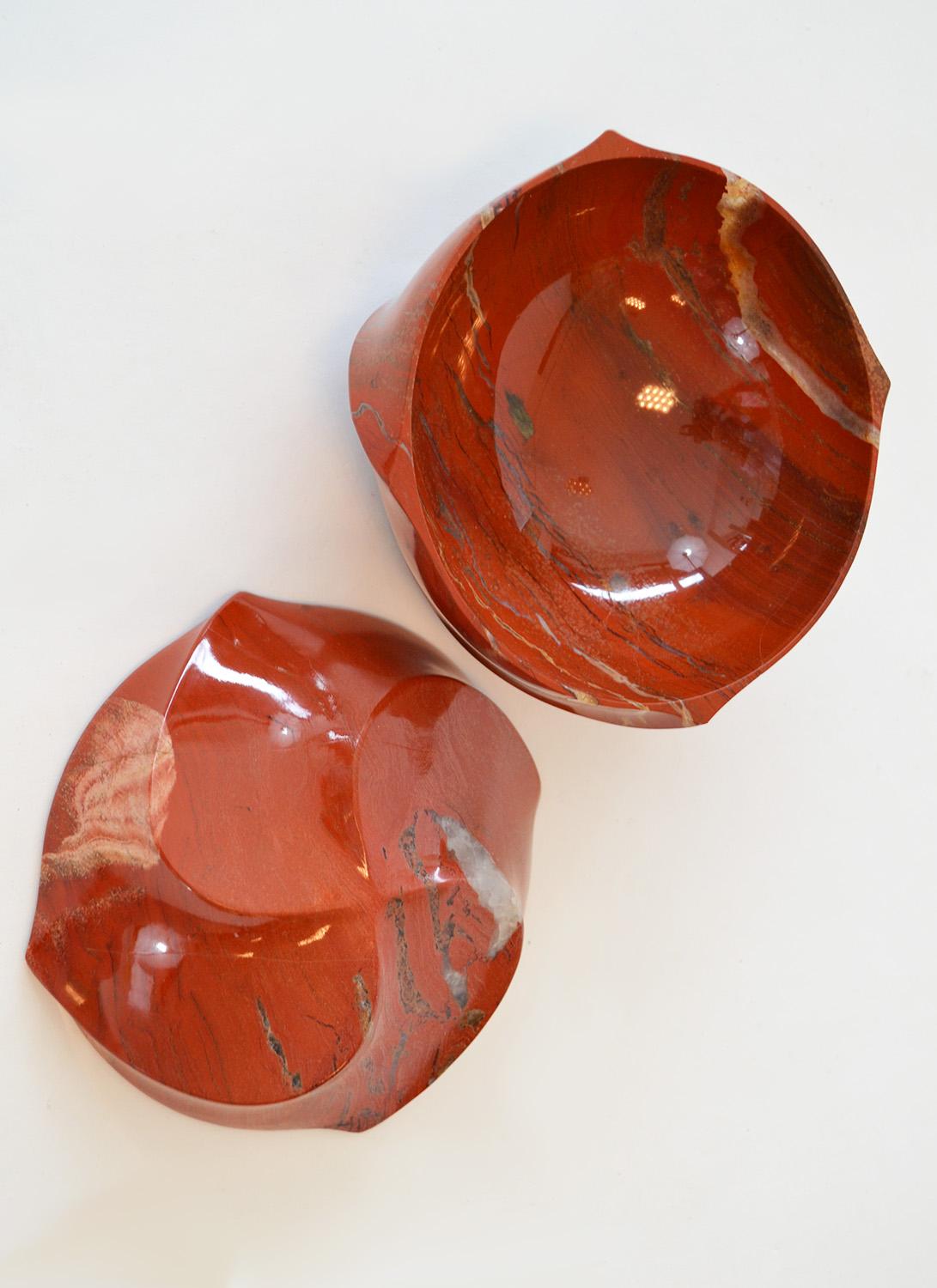 Karl Springer Red Jasper and Tiger Eye Box and Candle Holders 1980's 2