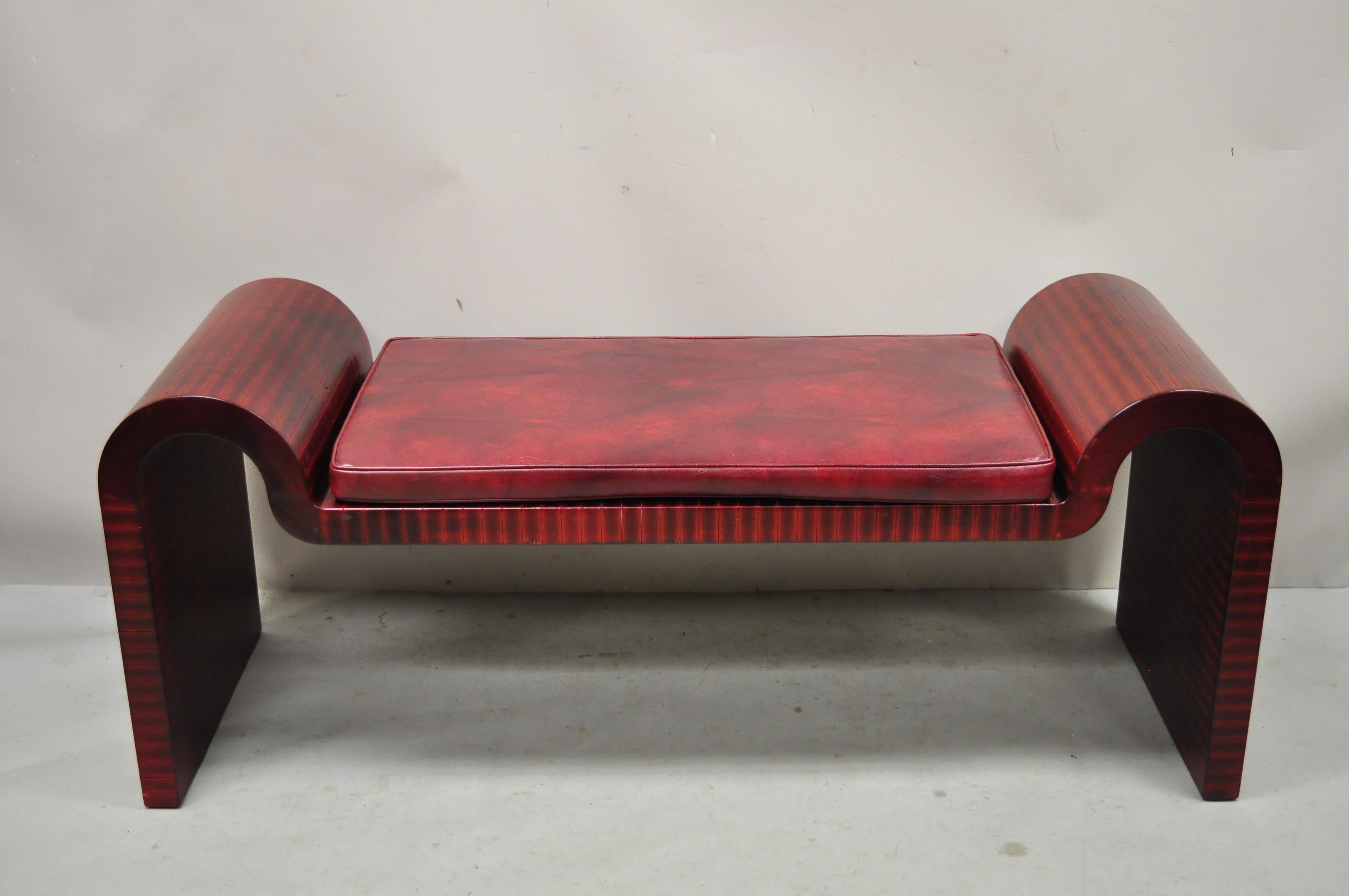 Karl Springer Red Leather Art Deco Sculptural Waterfall Bench Mid-Century Modern For Sale 2