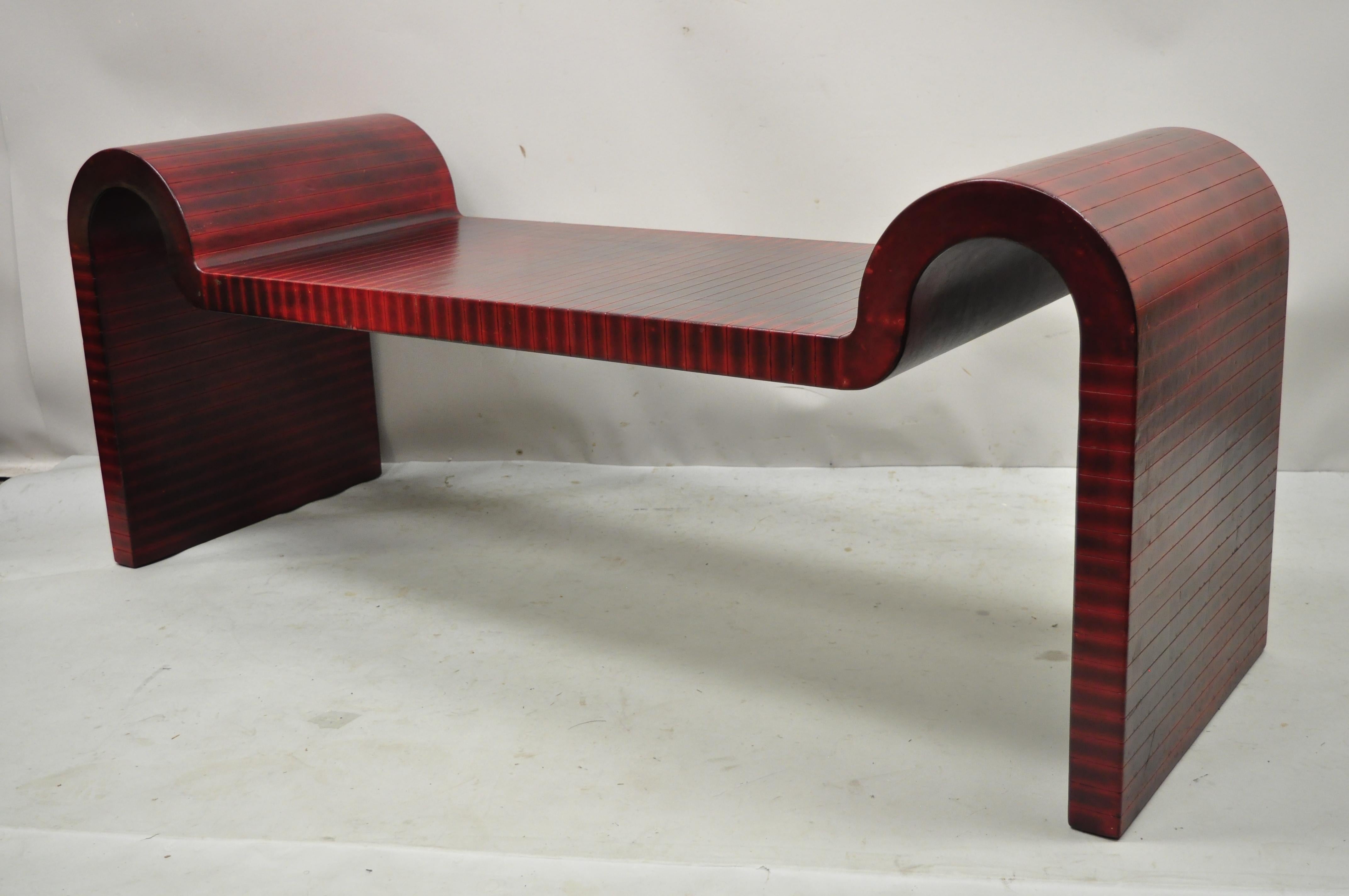Karl Springer Red Leather Art Deco Sculptural Waterfall Bench Mid-Century Modern For Sale 4