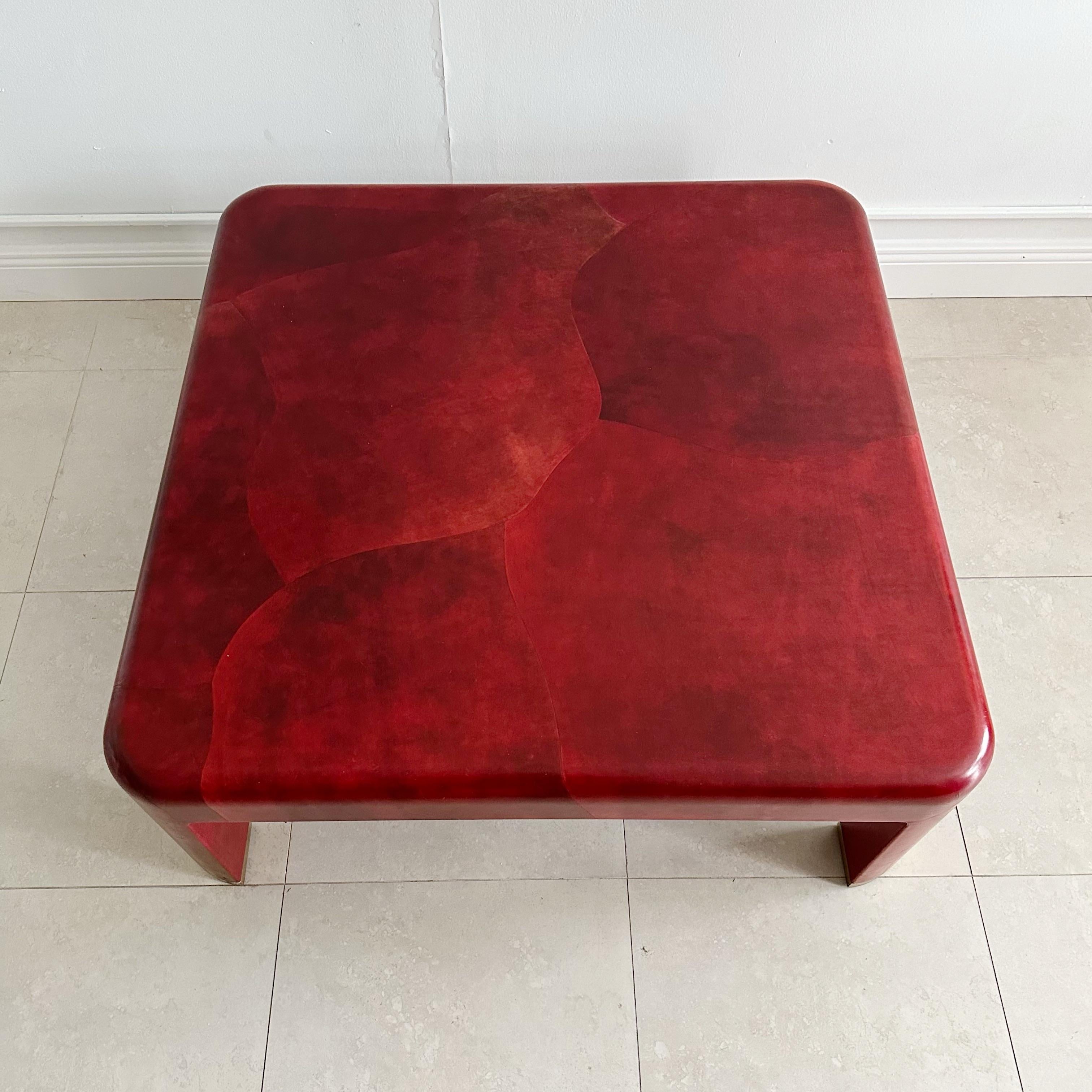 Mid-Century Modern Karl Springer Red Leather Coffee Table, 1980s