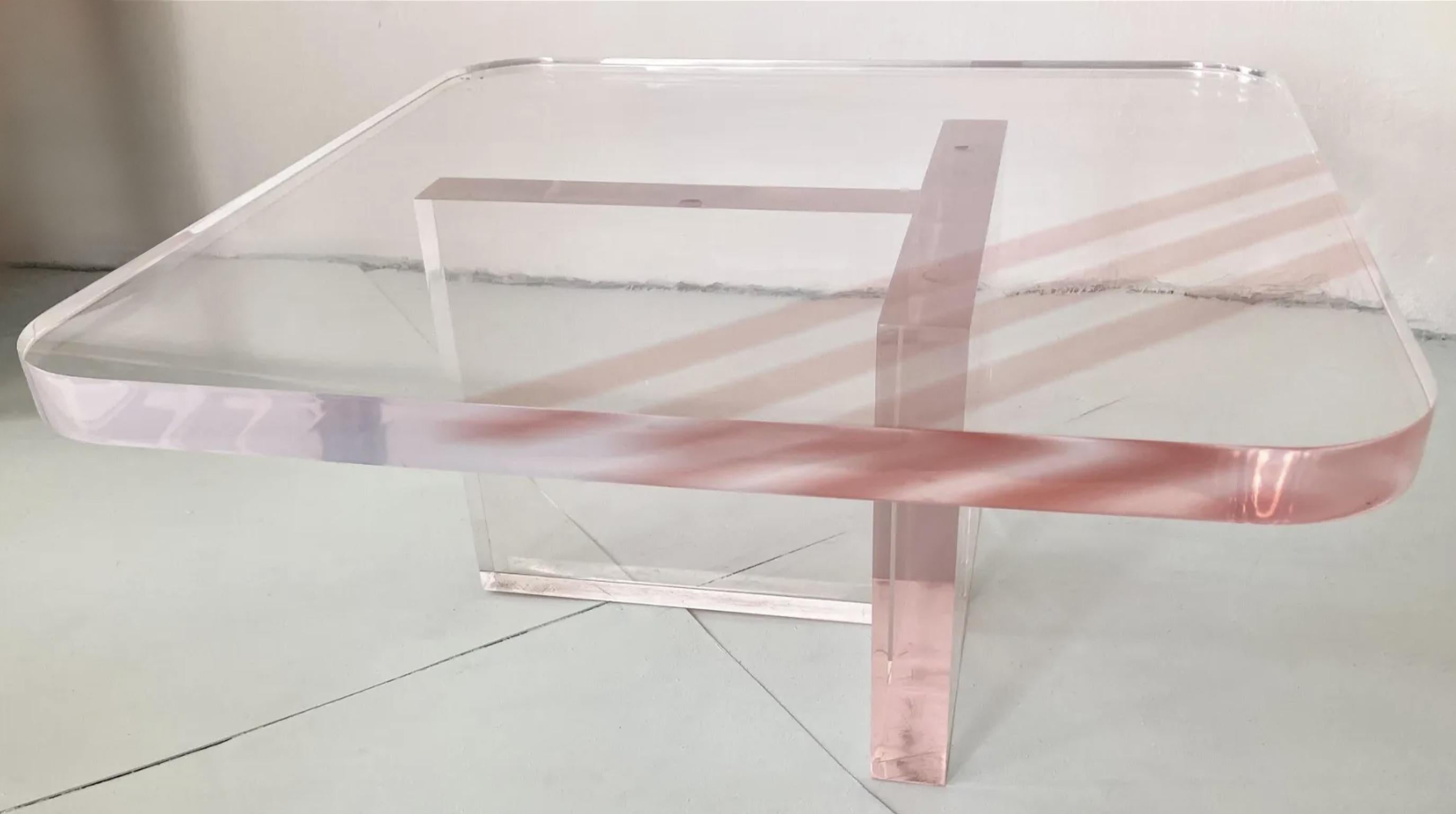 Karl Springer Rose Pink Tinted Lucite Coffee Table For Sale 4