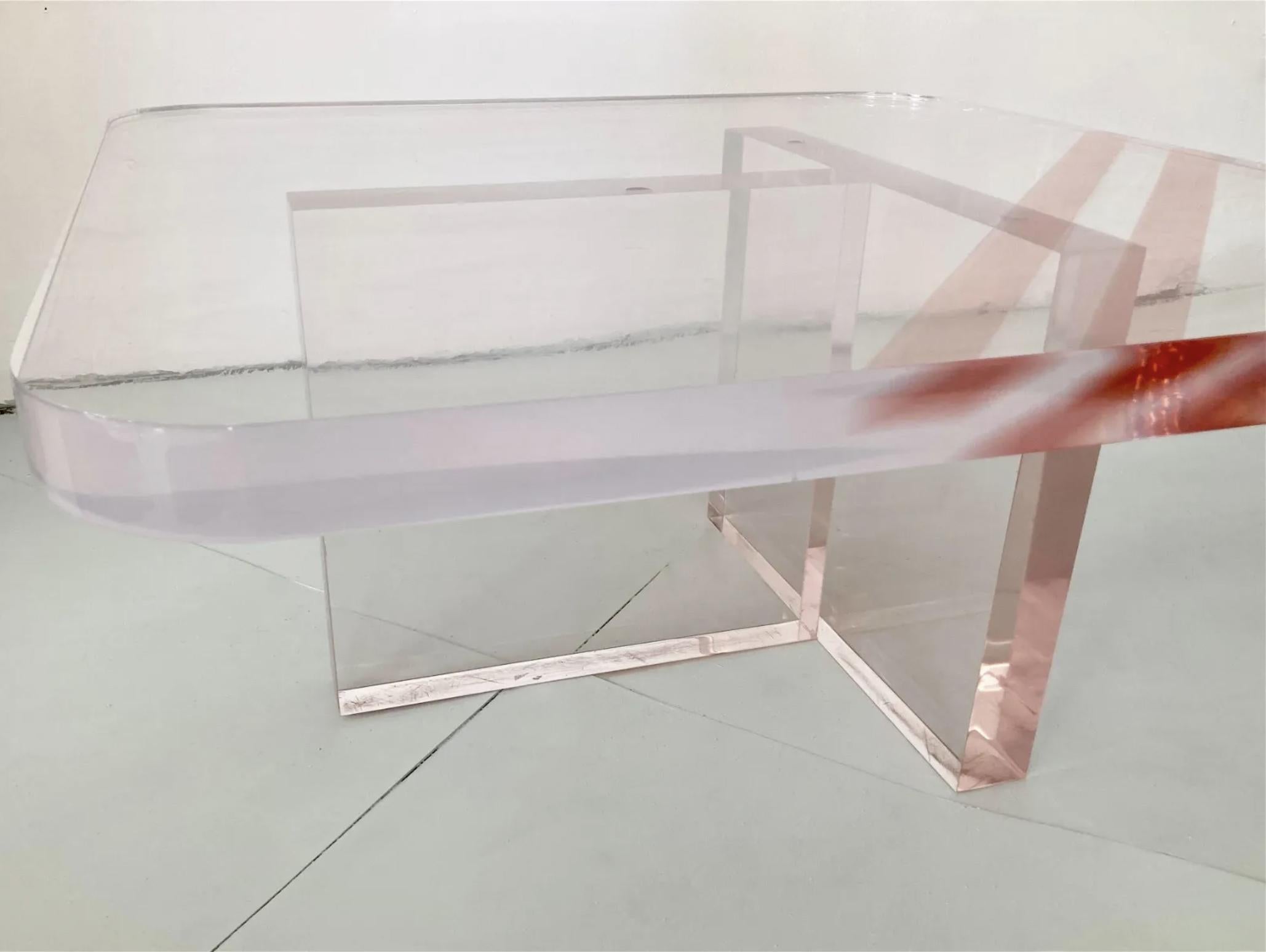 Karl Springer Rose Pink Tinted Lucite Coffee Table For Sale 5
