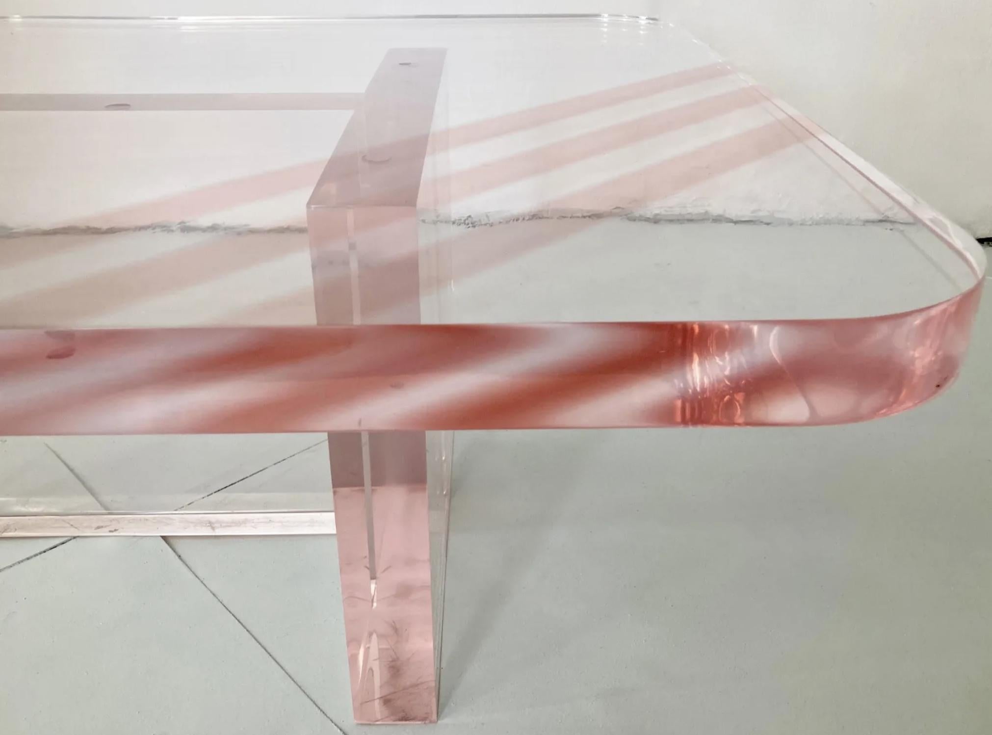 Karl Springer Rose Pink Tinted Lucite Coffee Table For Sale 6