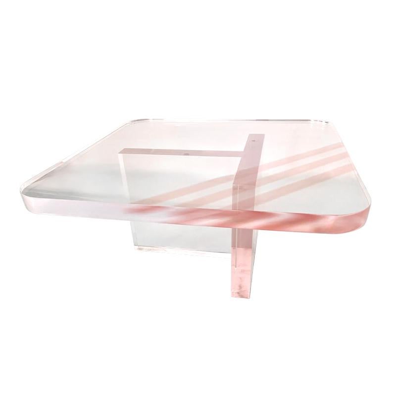 American Karl Springer Rose Pink Tinted Lucite Coffee Table For Sale