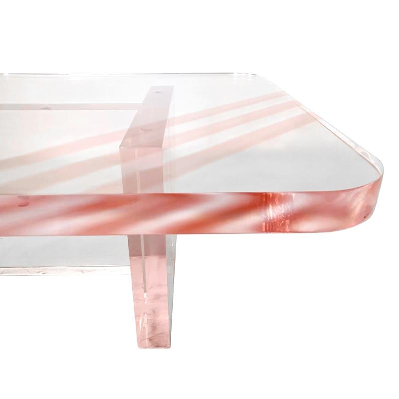 20th Century Karl Springer Rose Pink Tinted Lucite Coffee Table For Sale