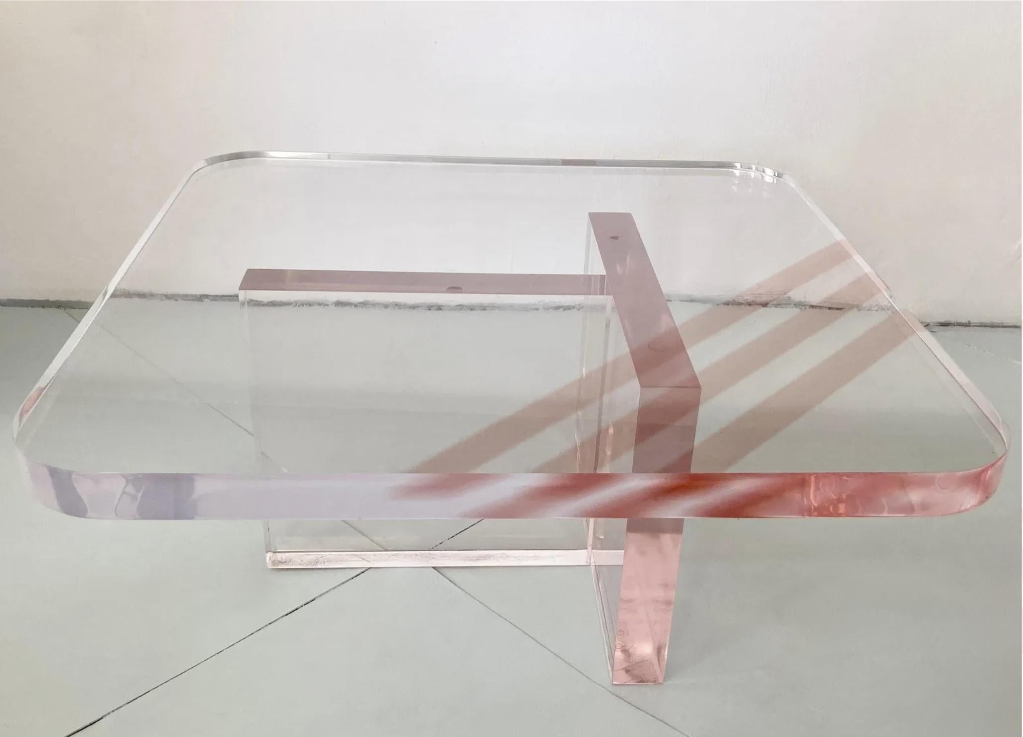 Karl Springer Rose Pink Tinted Lucite Coffee Table For Sale 2