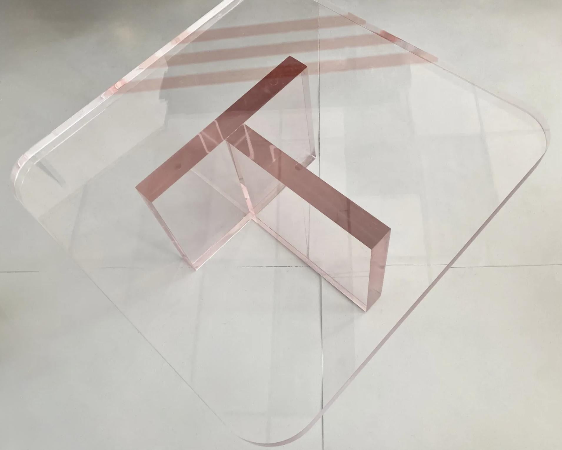Karl Springer Rose Pink Tinted Lucite Coffee Table For Sale 3