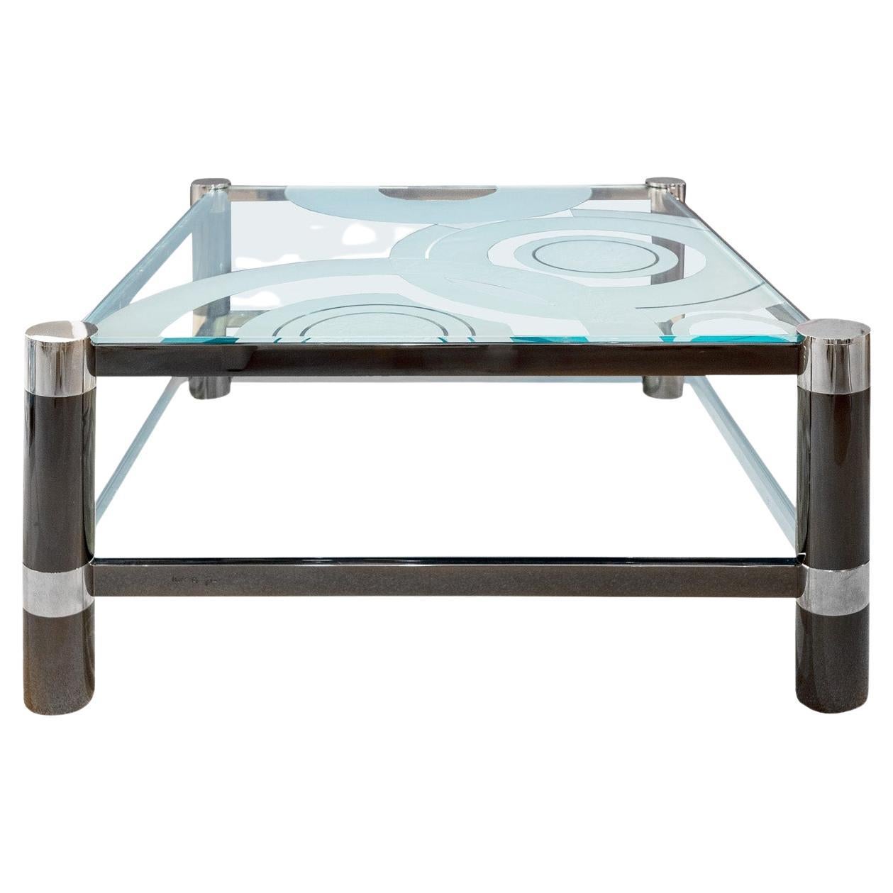 Karl Springer "Round Leg Coffee Table" with Artisan Glass Top, 1980s, 'Signed'
