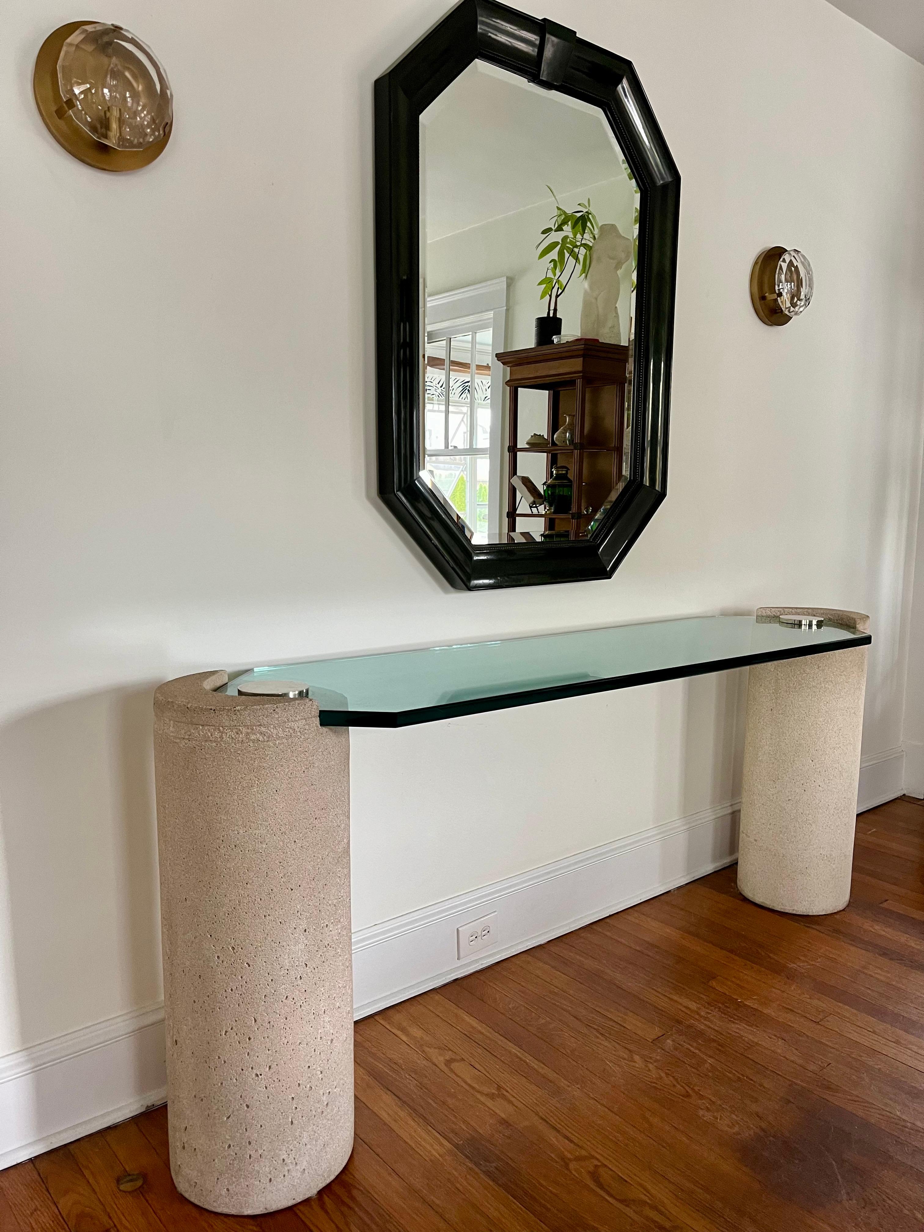 American Karl Springer Sandstone Glass Console Table For Sale