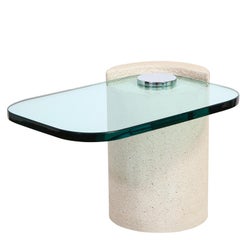 Karl Springer "Tavolo scultura in pietra arenaria" con piano in vetro a sbalzo anni '80