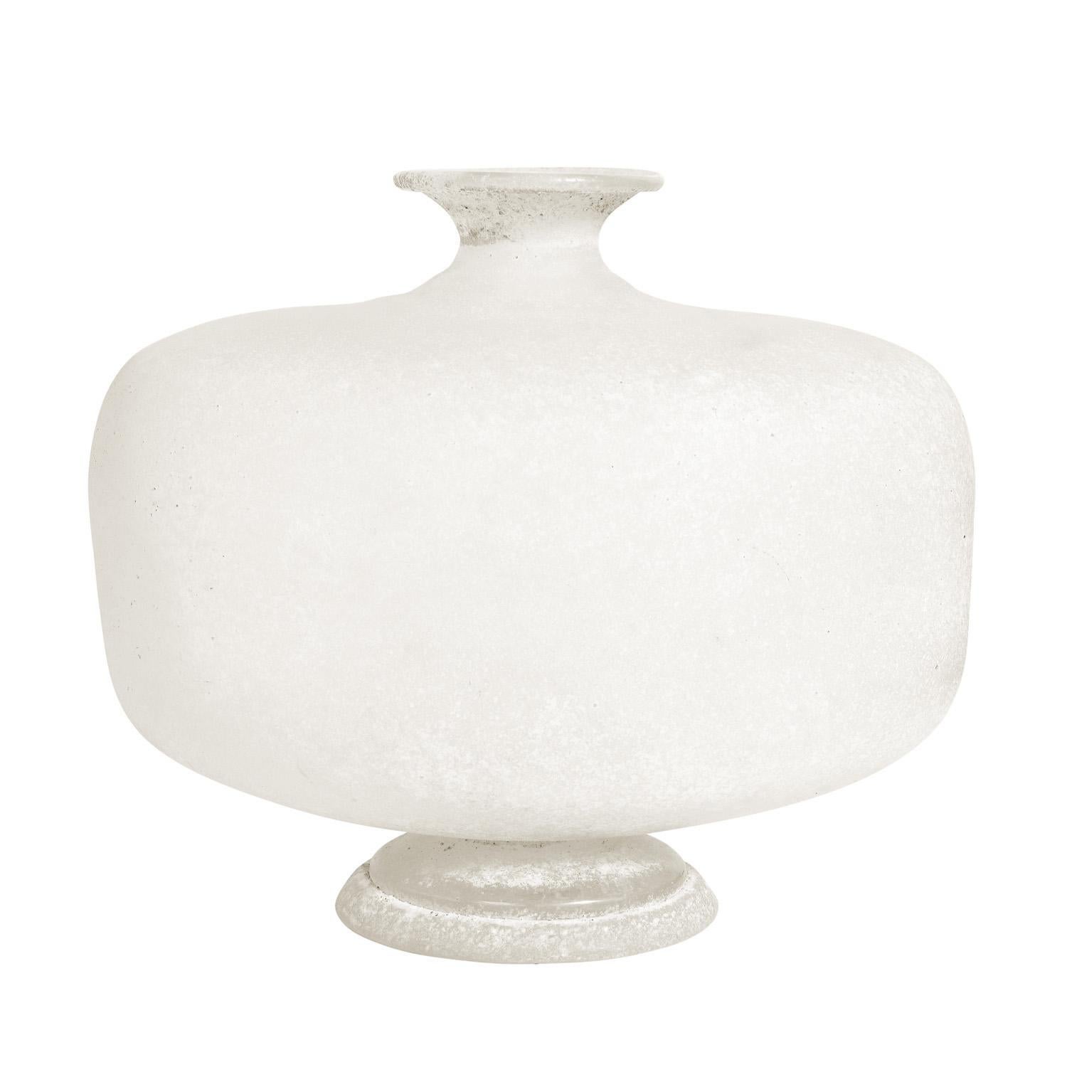 Large hand-blown glass vase, white with scavo (rough) finish, by Seguso (Murano Italy) for Karl Springer, American 1980's (signed on bottom “KARL SPRINGER”). This form is quite rare. The scale of Springer’s hand-blown glass vases makes them