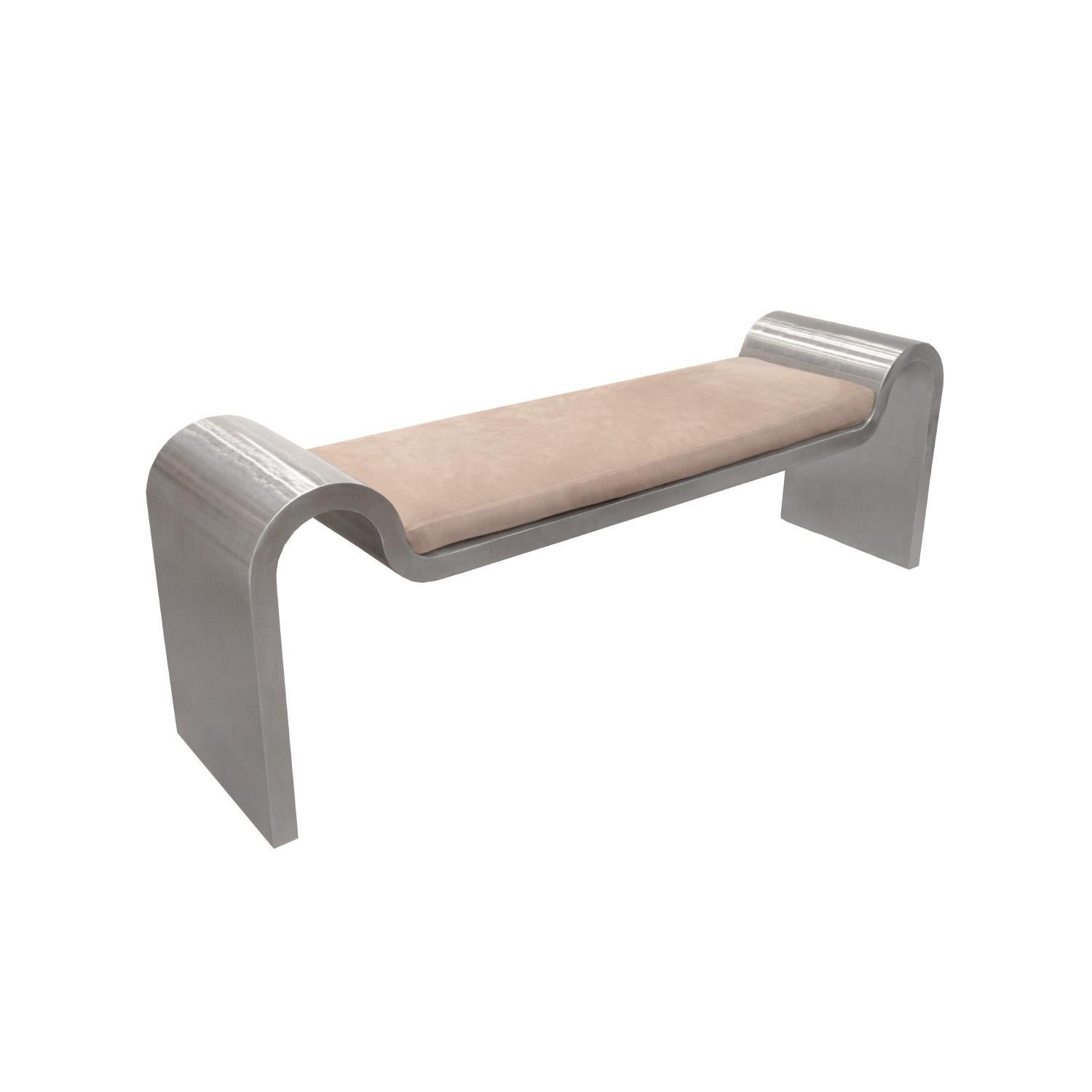 Modern Karl Springer Sculptural Bench in Stainless Steel with Suede Seat Cushion, 1980s