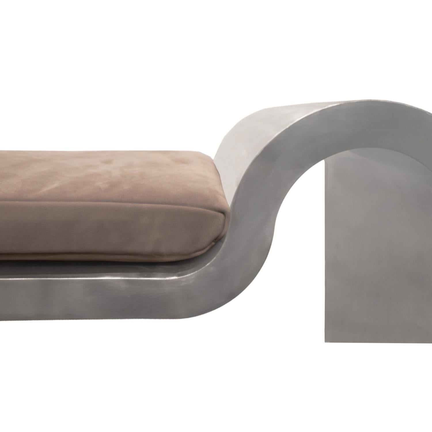 Hand-Crafted Karl Springer Sculptural Bench in Stainless Steel with Suede Seat Cushion, 1980s