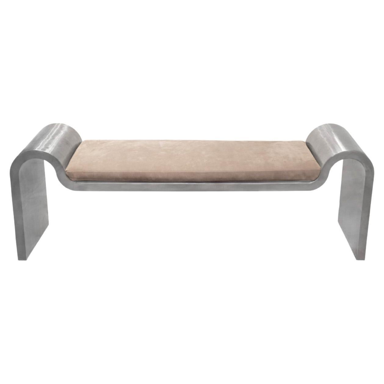 Karl Springer Sculptural Bench in Stainless Steel with Suede Seat Cushion, 1980s
