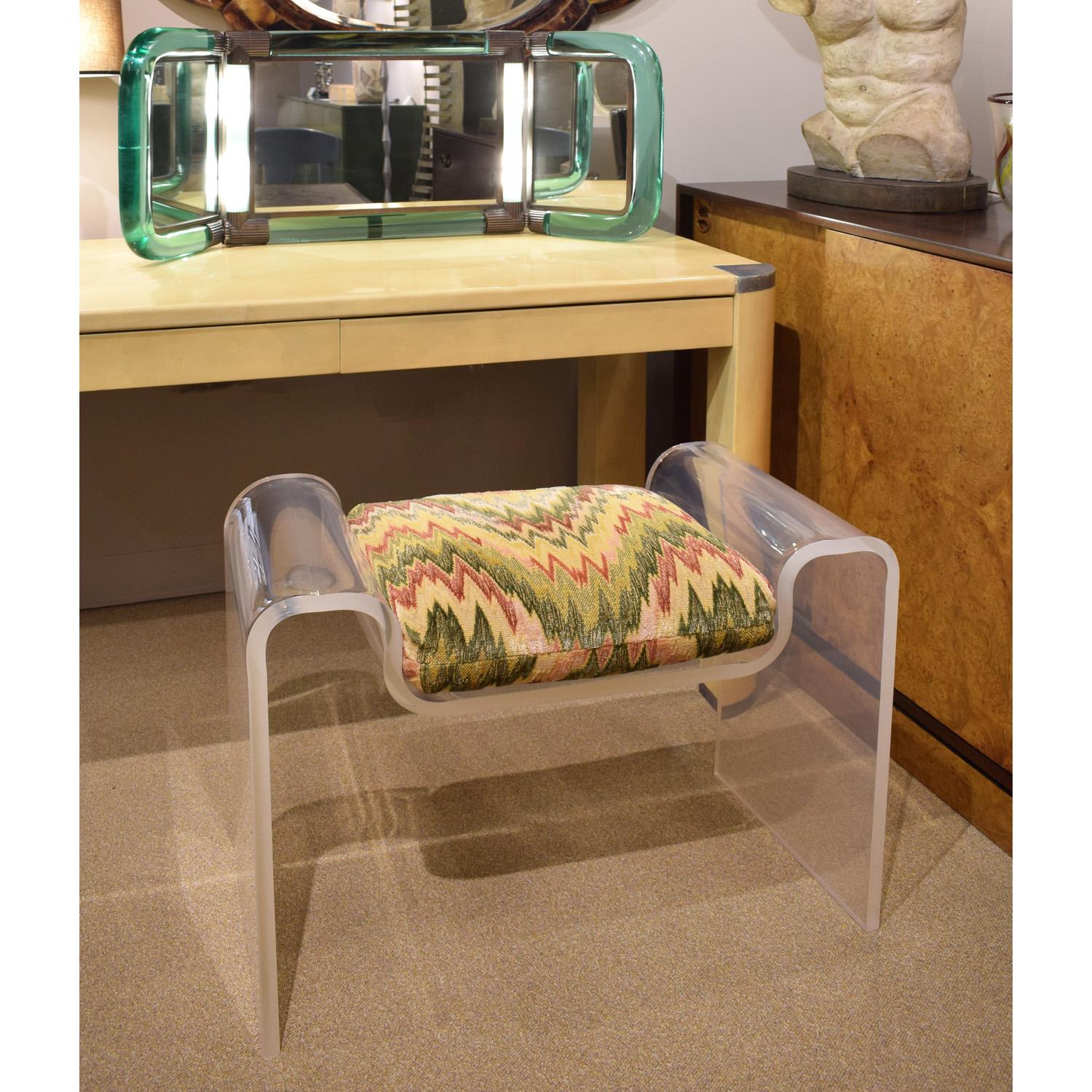 Hand-Crafted Karl Springer Sculptural Molded Lucite Bench with Seat Cushion, 1970s