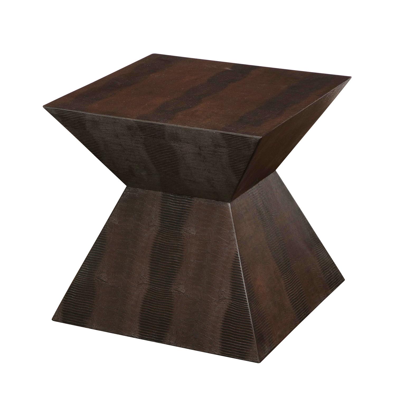 Striking sculptural side table in brown embossed lizard leather by Karl Springer, American 1980's. This table is completely finished, even the bottom. Karl Springer was a meticulous designer and only used the meticulous craftsmen.
