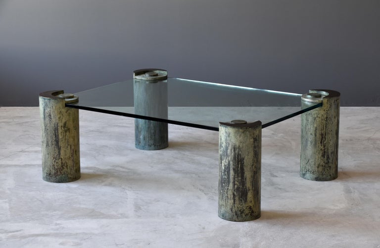 Karl Springer, "Sculpture Leg" Coffee Table, Glass, Patinated Brass