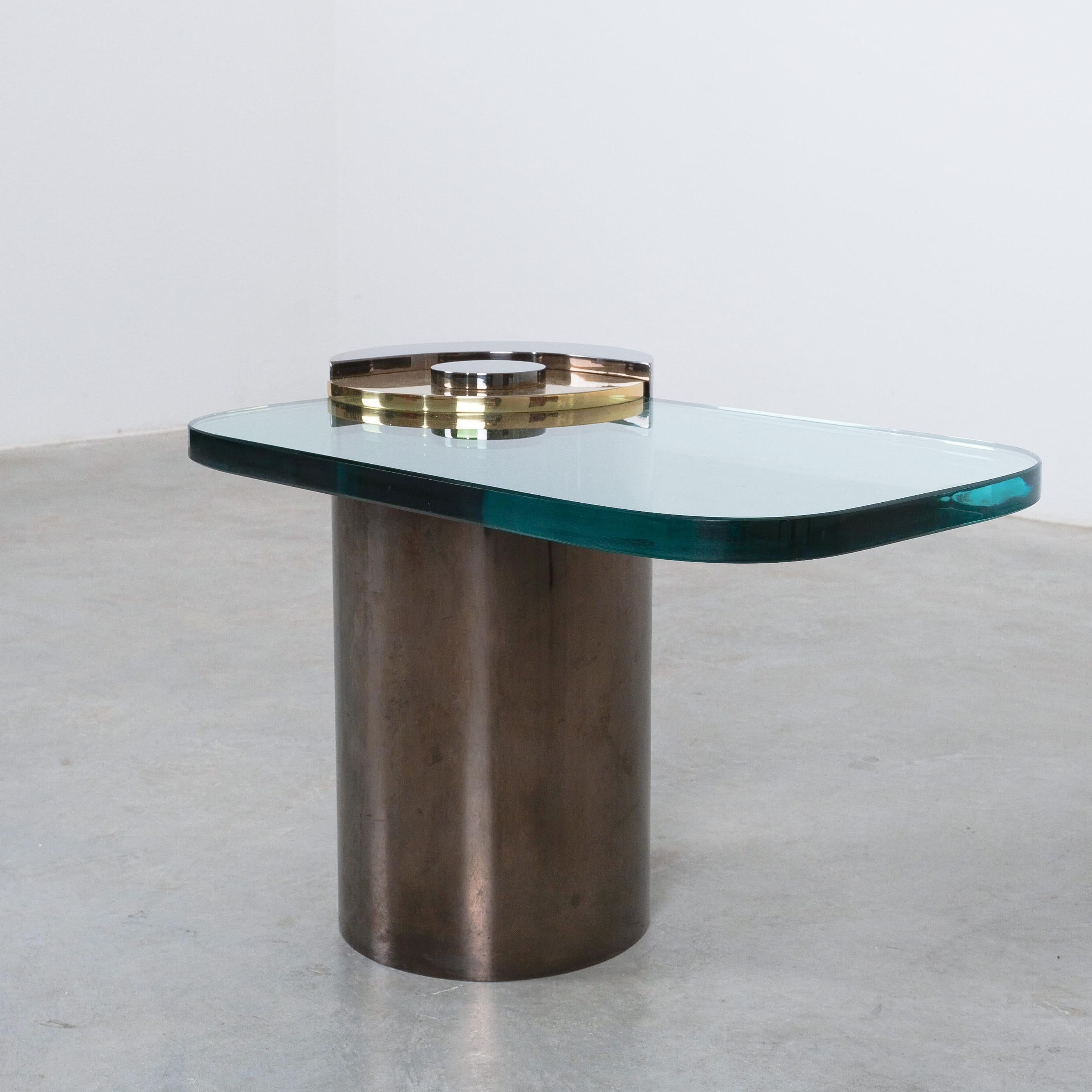 Mid-Century Modern Karl Springer Sculpture Leg Side Table Polished Gunmetal Brass Glass, 1970 For Sale