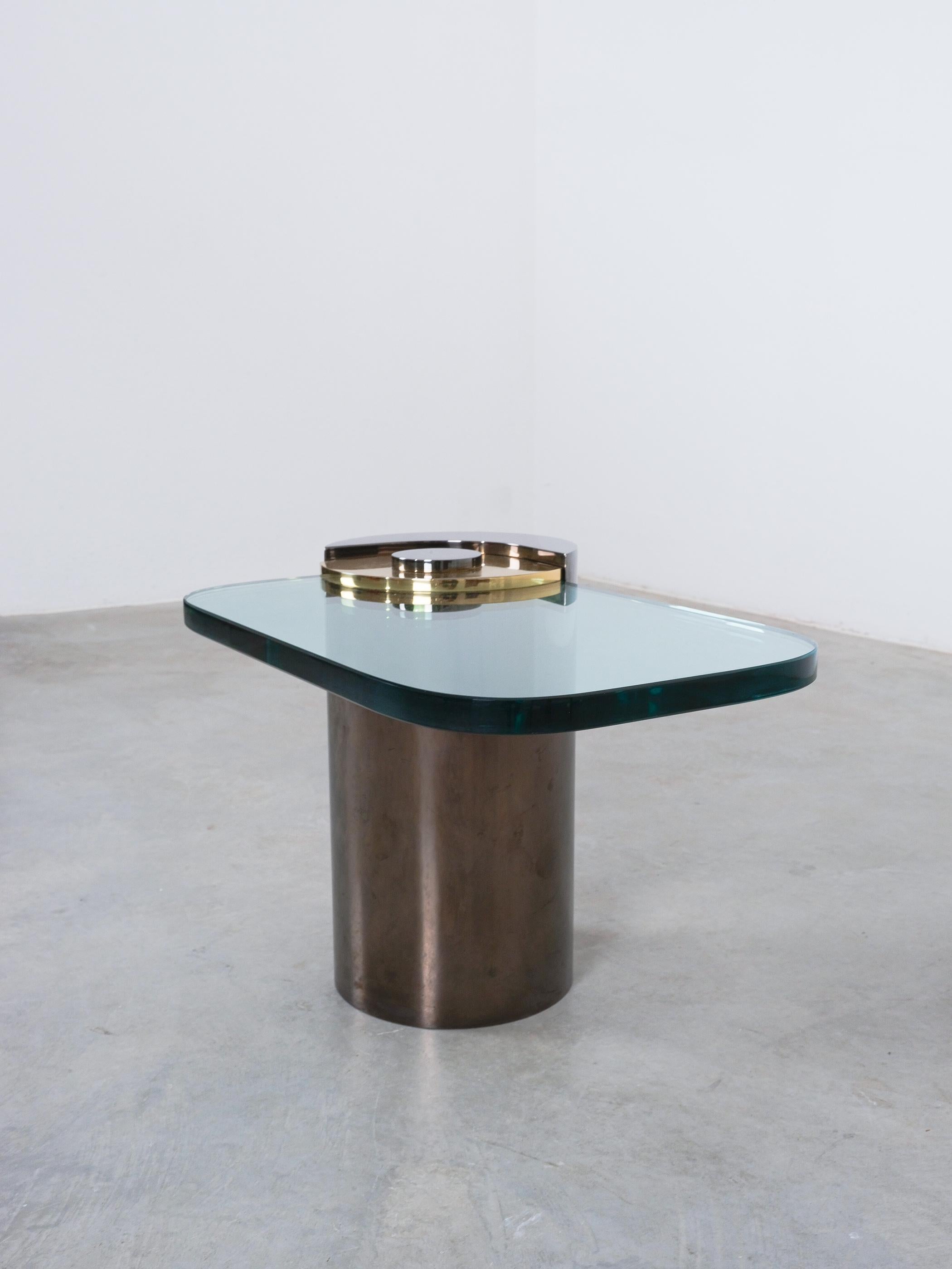 Karl Springer Sculpture Leg Side Table Polished Gunmetal Brass Glass, 1970 For Sale 2